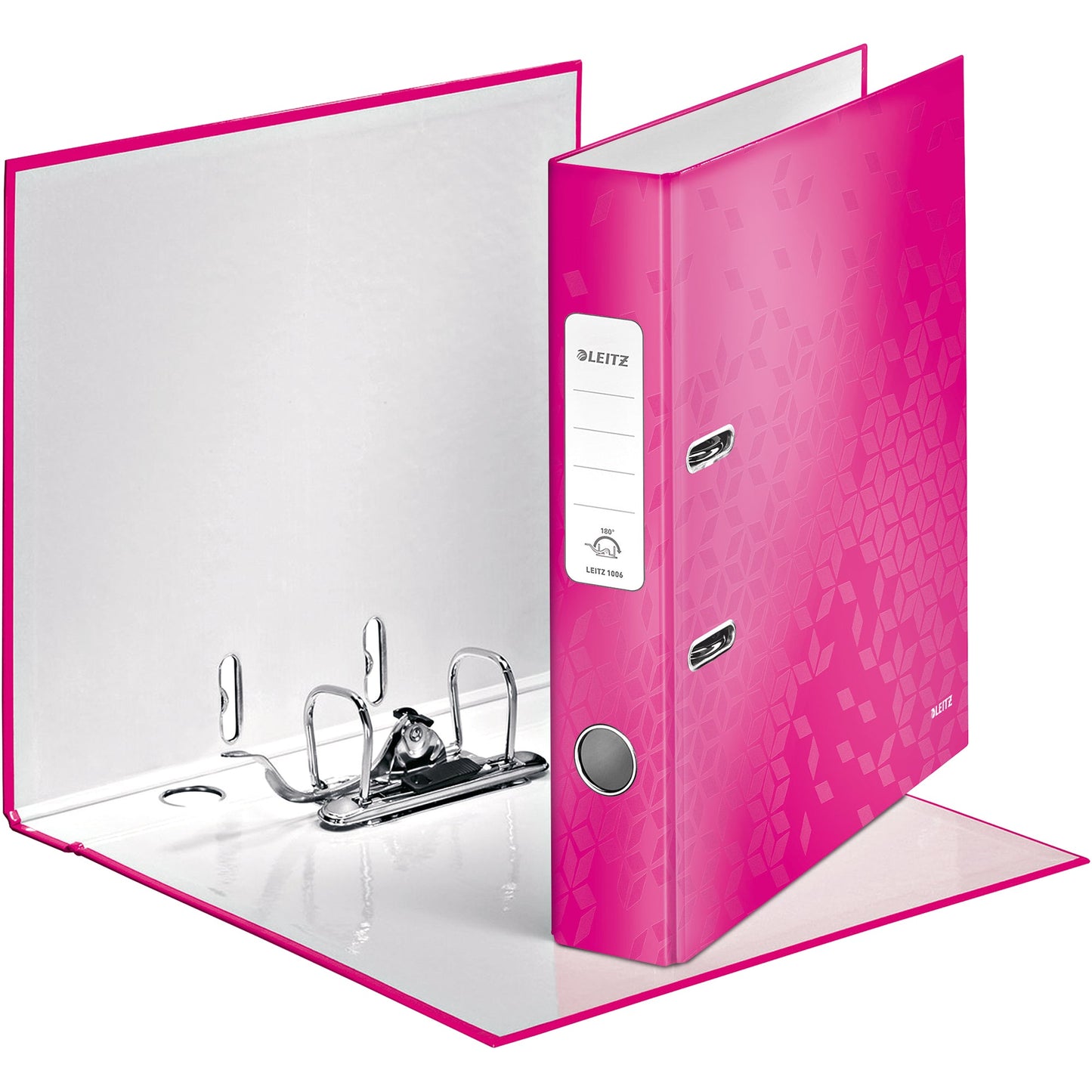 Leitz Ordner WOW 52mm DIN A4 Rückenschild: geklebt mit Schlitzen Werkstoff: Graupappe Material außen: Papier, laminiert Material innen: Papier, laminiert pink