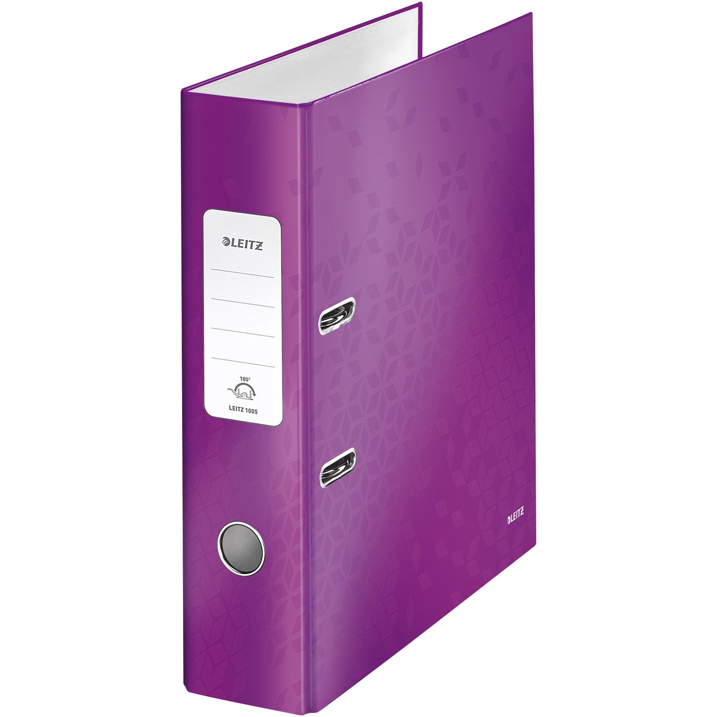 Leitz Ordner WOW 80mm DIN A4 Rückenschild: geklebt mit Schlitzen Werkstoff: Graupappe Material außen: Papier, laminiert Material innen: Papier, laminiert violett