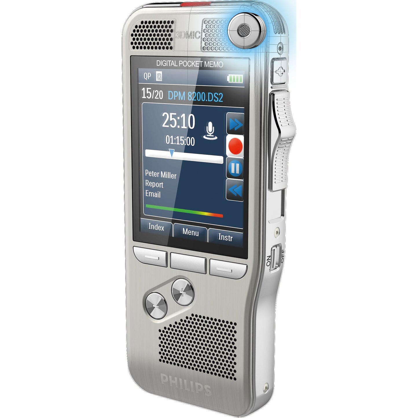 Philips Diktiergerät Digital Pocket Memo DPM 8100 5,3 x 12,3 x 1,5 cm (B x H x T) 2.800 (SP), 1.400 (QP), 200 (MP3), 108 (PCM Voice), 52 (PCM Stereo)h inkl. Dockingstation, Speicherkarte (16 Gbyte), Akku, USB-Kabel silber