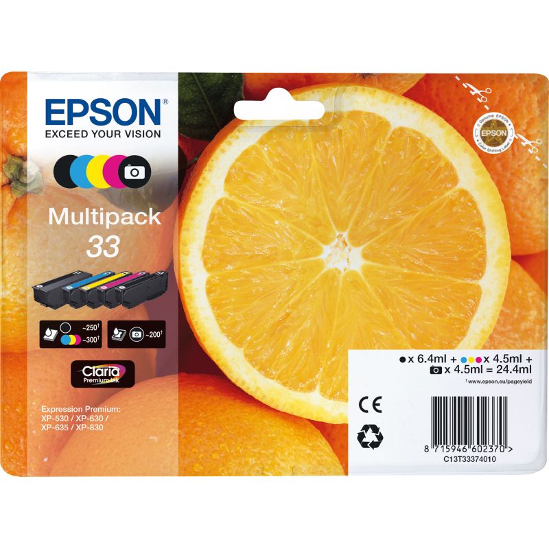 Epson Tintenpatrone Originalzubehör 33 ca. 250 Seiten schwarz, ca. 200 Seiten fotoschwarz, ca. 3 x 250 Seiten farbig schwarz, mehrfarbig 5 St./Pack.