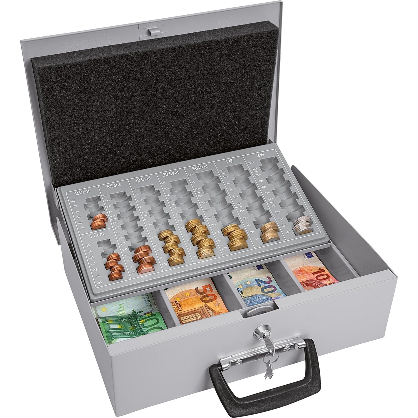 WEDO® Geldkassette Universa 35,5 x 10 x 27,5 cm (B x H x T) 4 Fächer für Banknoten 8 Fächer für Hartgeld mit Schloss Stahl, pulverbeschichtet lichtgrau