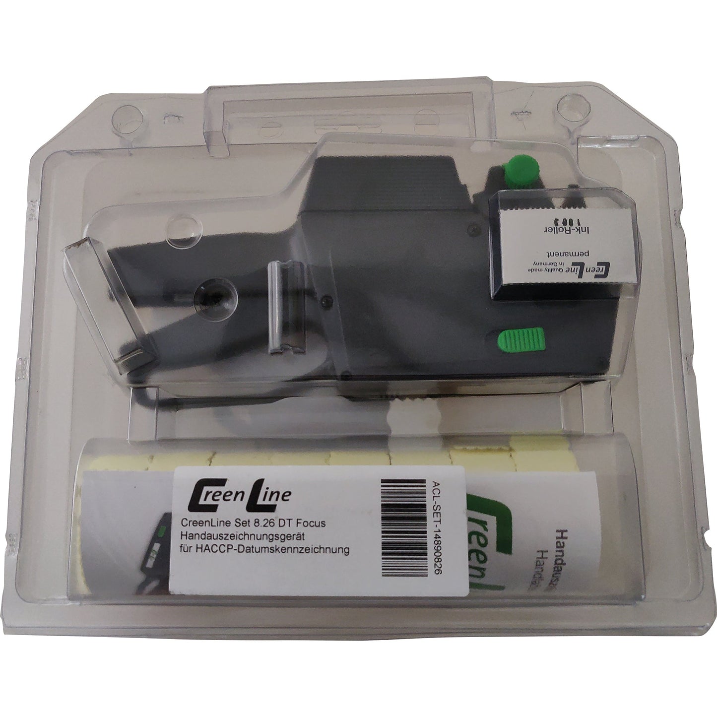 CreenLine Preisauszeichnungsgerät 8.26 DT Focus 1 Druckzeile 8 Zeichen/Zeile Handauszeichnungsgerät CL 8.26 DT Focus, 9 Rl. Etiketten (weiß) 26 x 12 mm (permanent haftend), 1 Ersatz-Farbrolle