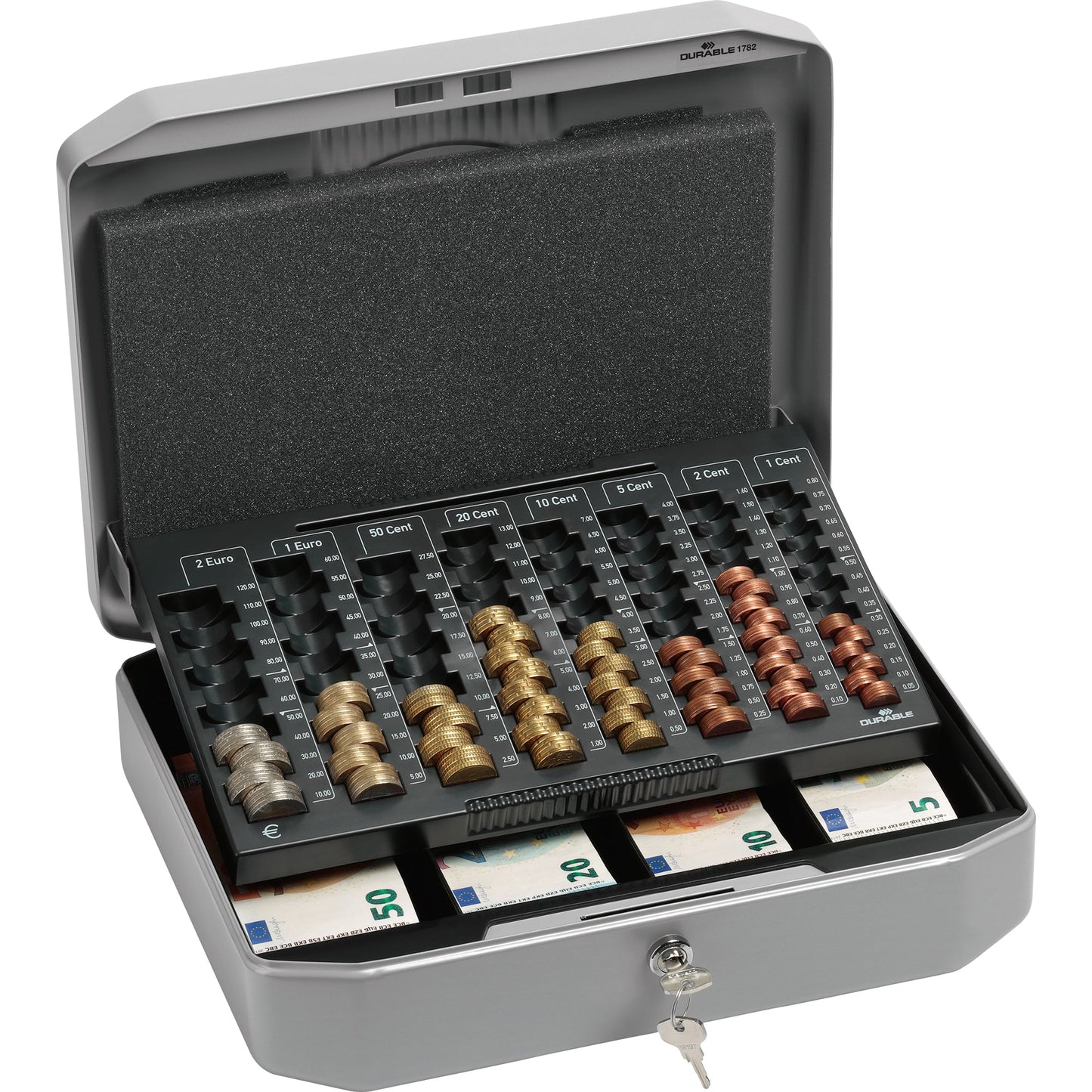 DURABLE Geldkassette ?UROBOXX® 35,2 x 12 x 27,6 cm (B x H x T) 4 Fächer für Banknoten 8 Fächer für Hartgeld mit Schloss Stahl anthrazit/grau