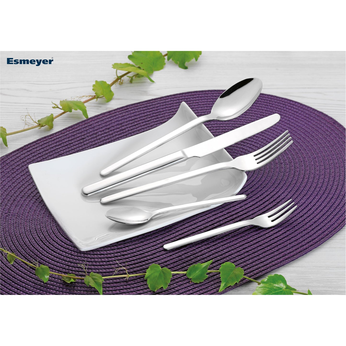 Esmeyer® Besteckgarnitur BETTINA Mehrweg 36 x Menümesser, Menülöffel, Menügabel, Kaffeelöffel, Kuchengabel, 1 x Besteckbehälter Edelstahl 18/10, hochglanz-poliert silber