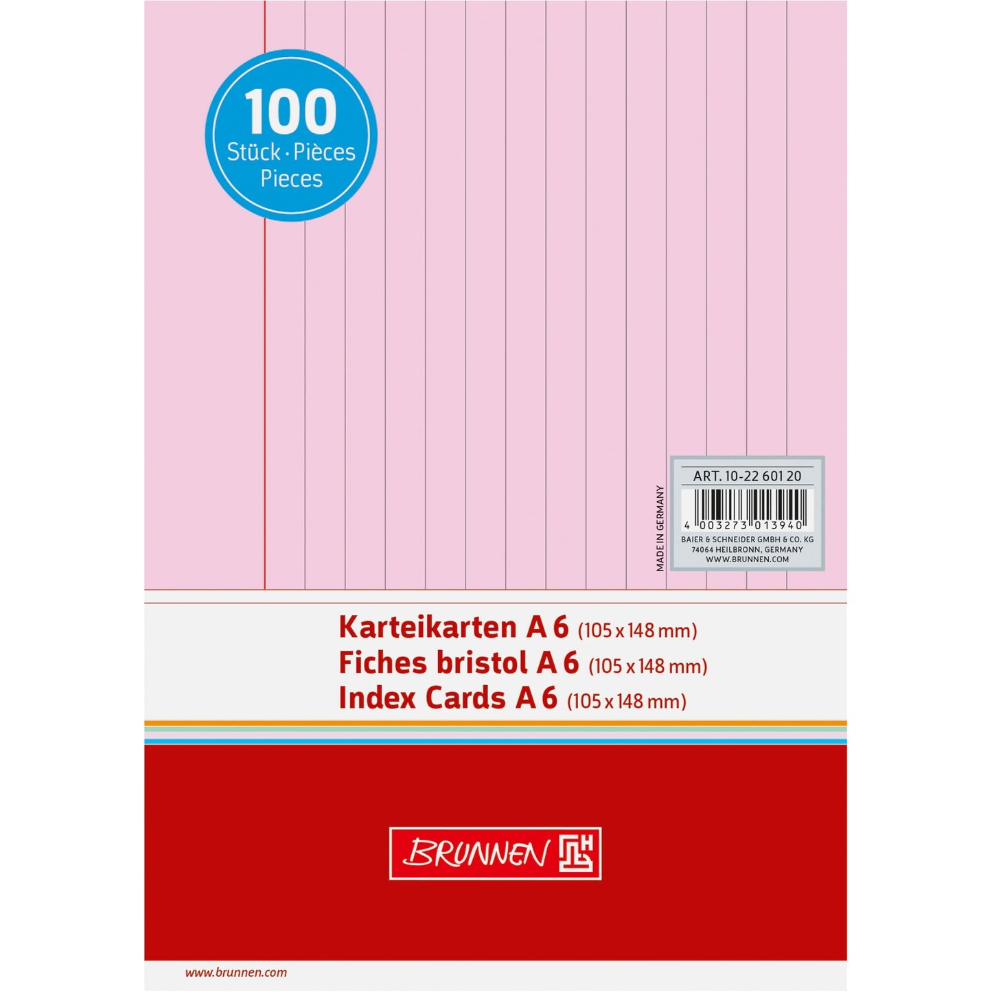 BRUNNEN Karteikarte DIN A6 quer liniert rot 100 St./Pack.
