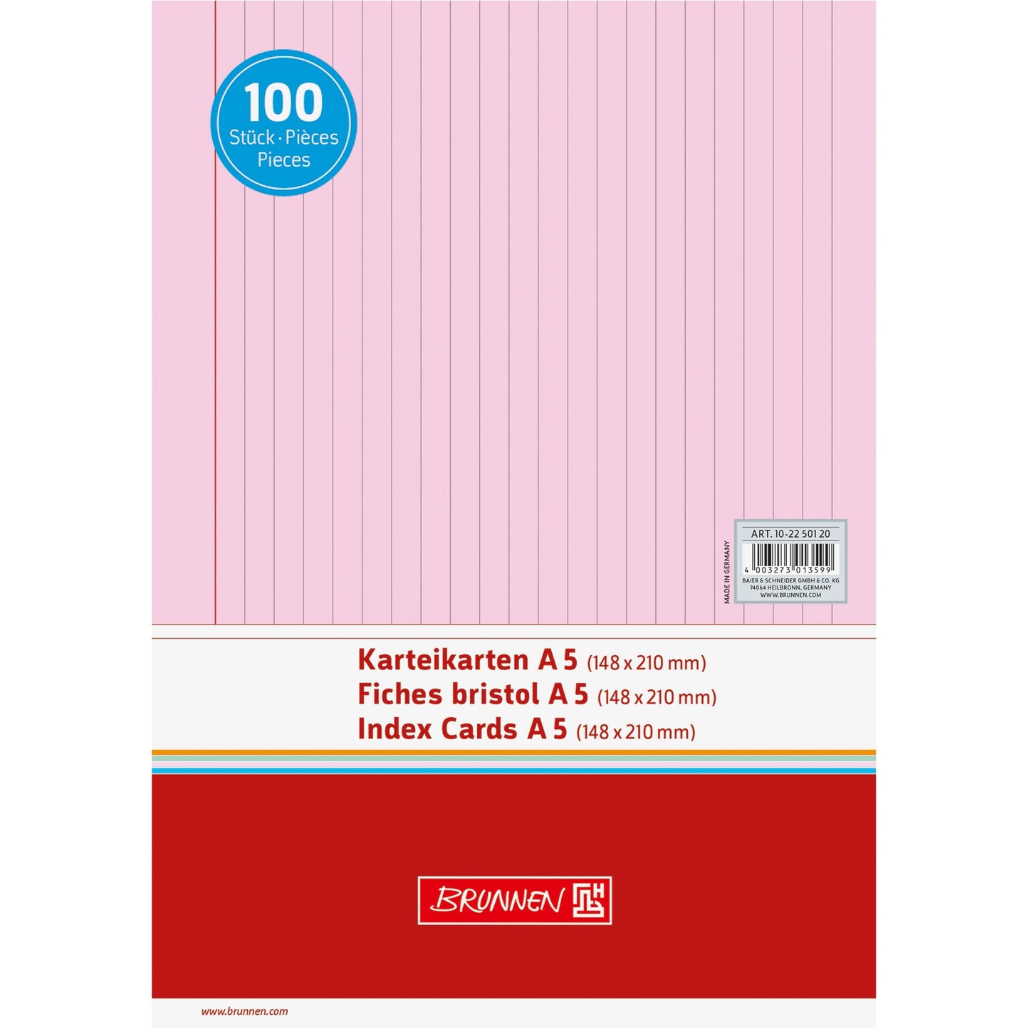 BRUNNEN Karteikarte DIN A5 quer liniert rot 100 St./Pack.