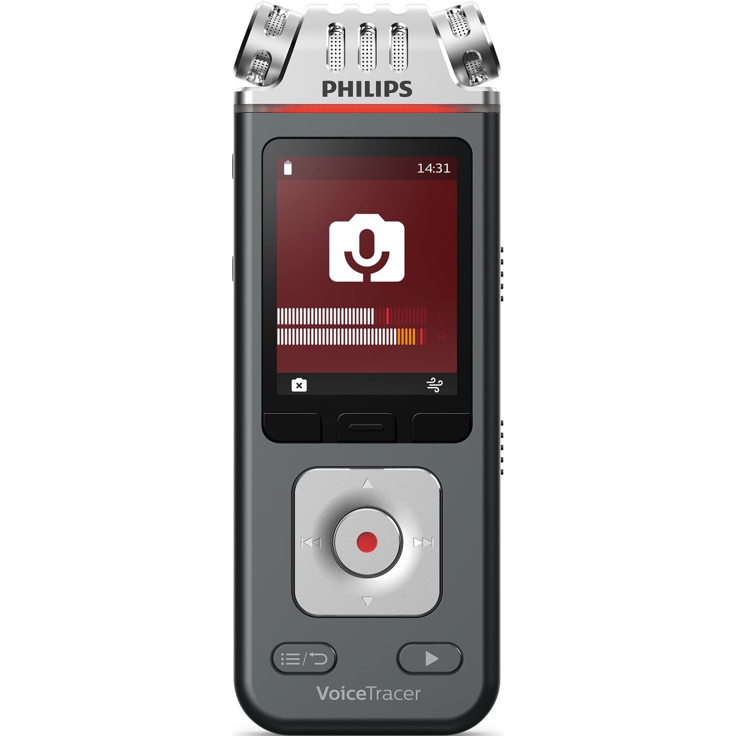 Philips Diktiergerät Digital VoiceTracer DVT7110 4,7 x 12,9 x 1,9 cm (B x H x T) 2.147 (MP3), 24 (PCM)h inkl. USB-C-Kabel, Audiokabel, Windschutz, Hot-Shoe-Adapter anthrazit/chrom