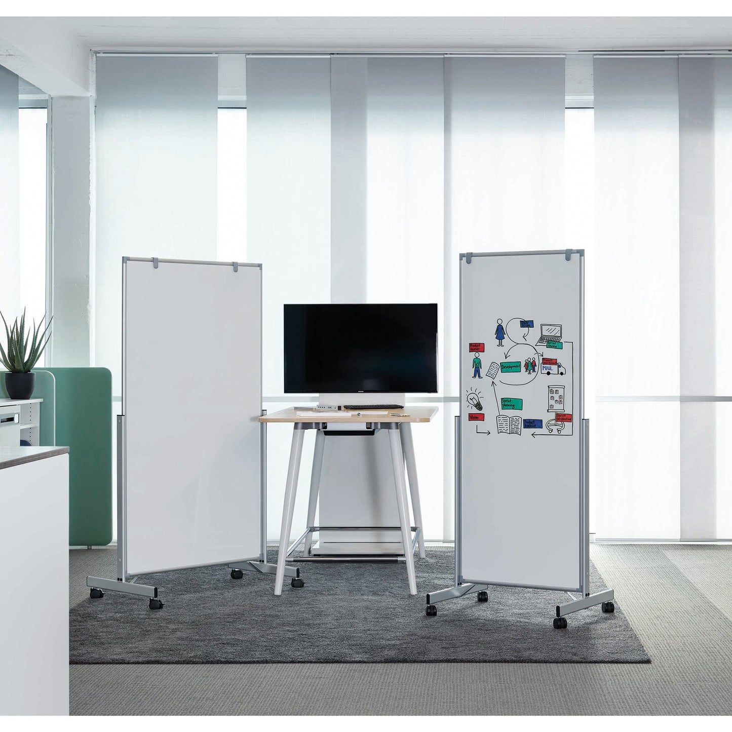 MAUL Whiteboard MAULpro easy2move Maße der Oberfläche: 100 x 180 cm (B x H) Tafel magnethaftend beidseitig beschreibbar inkl. zwei Flipchartblockhalter Stahl kunststoffbeschichtet grau