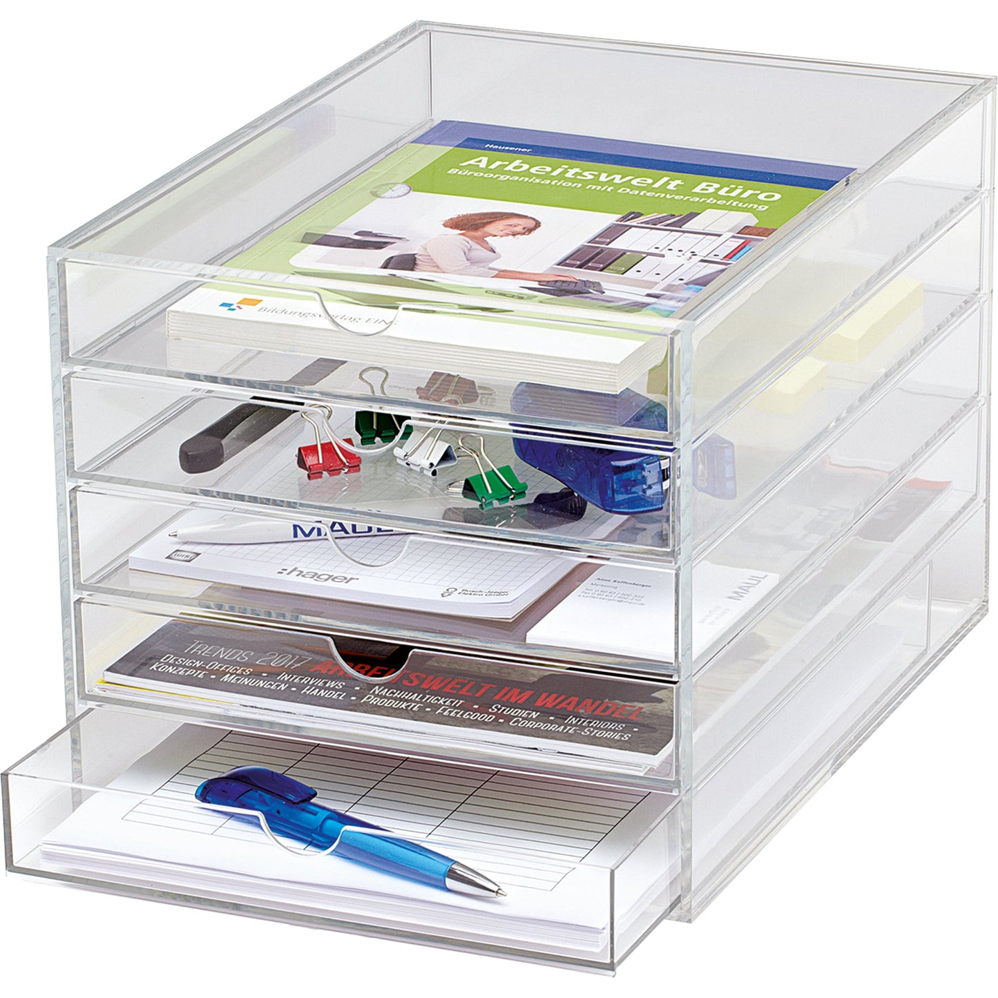 MAUL Schubladenbox Acryl 5 Schubladen DIN A4 Acryl Gehäusefarbe: glasklar Farbe der Schublade: glasklar