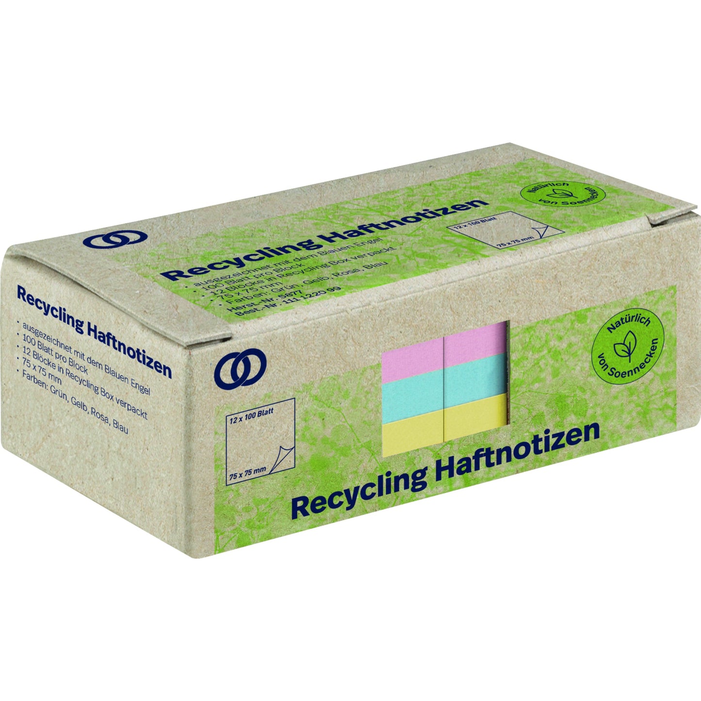 Soennecken Haftnotiz oeco Recycling 75 x 75 mm (B x H) grün, gelb, rosa, blau 100 Bl./Block 12 Block/Pack.