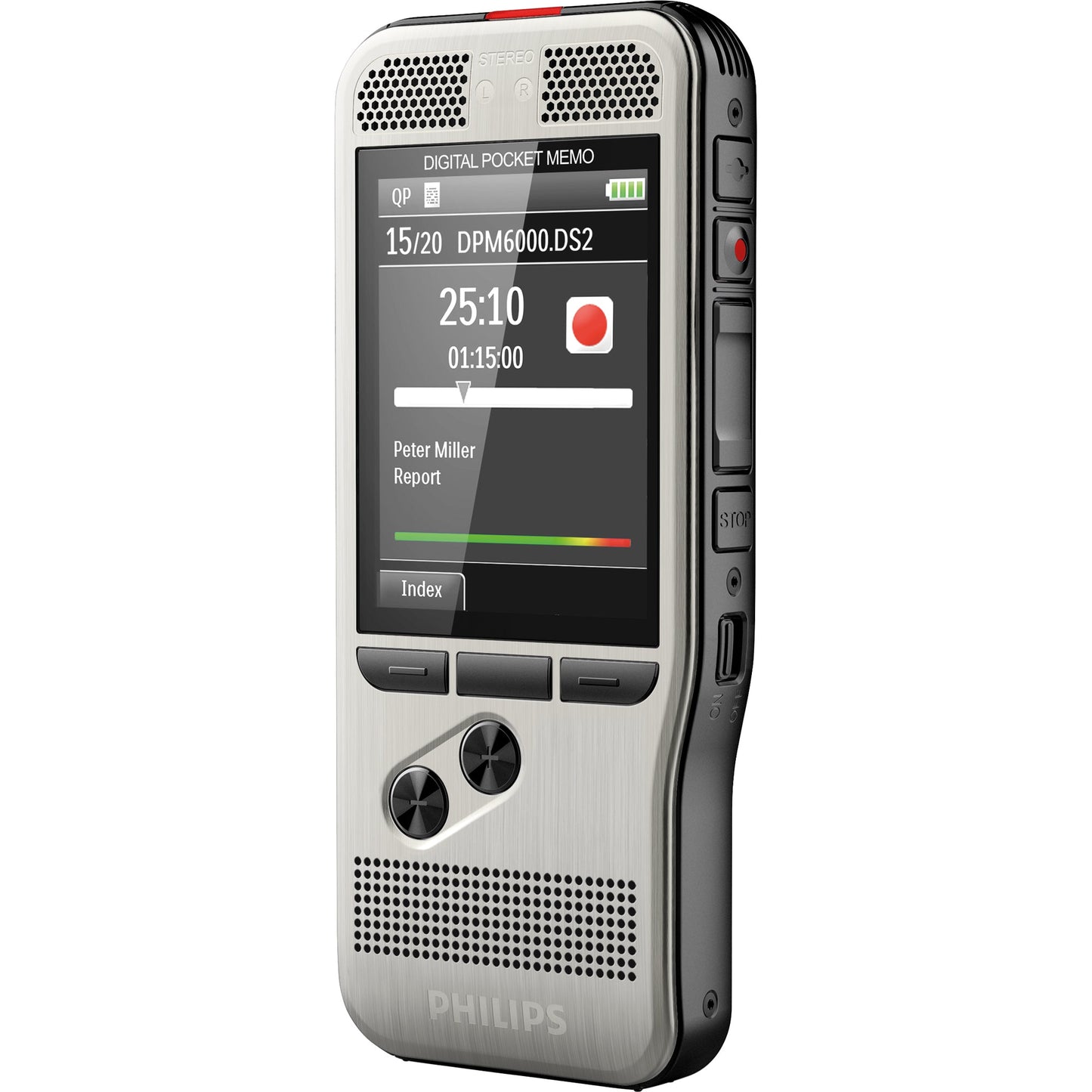Philips Diktiergerät PocketMemo DPM6000 5,3 x 12,3 x 1,5 cm (B x H x T) 2.800 (SP), 1.400 (QP), 200 (MP3), 108 (PCM Voice), 52 (PCM Stereo)h