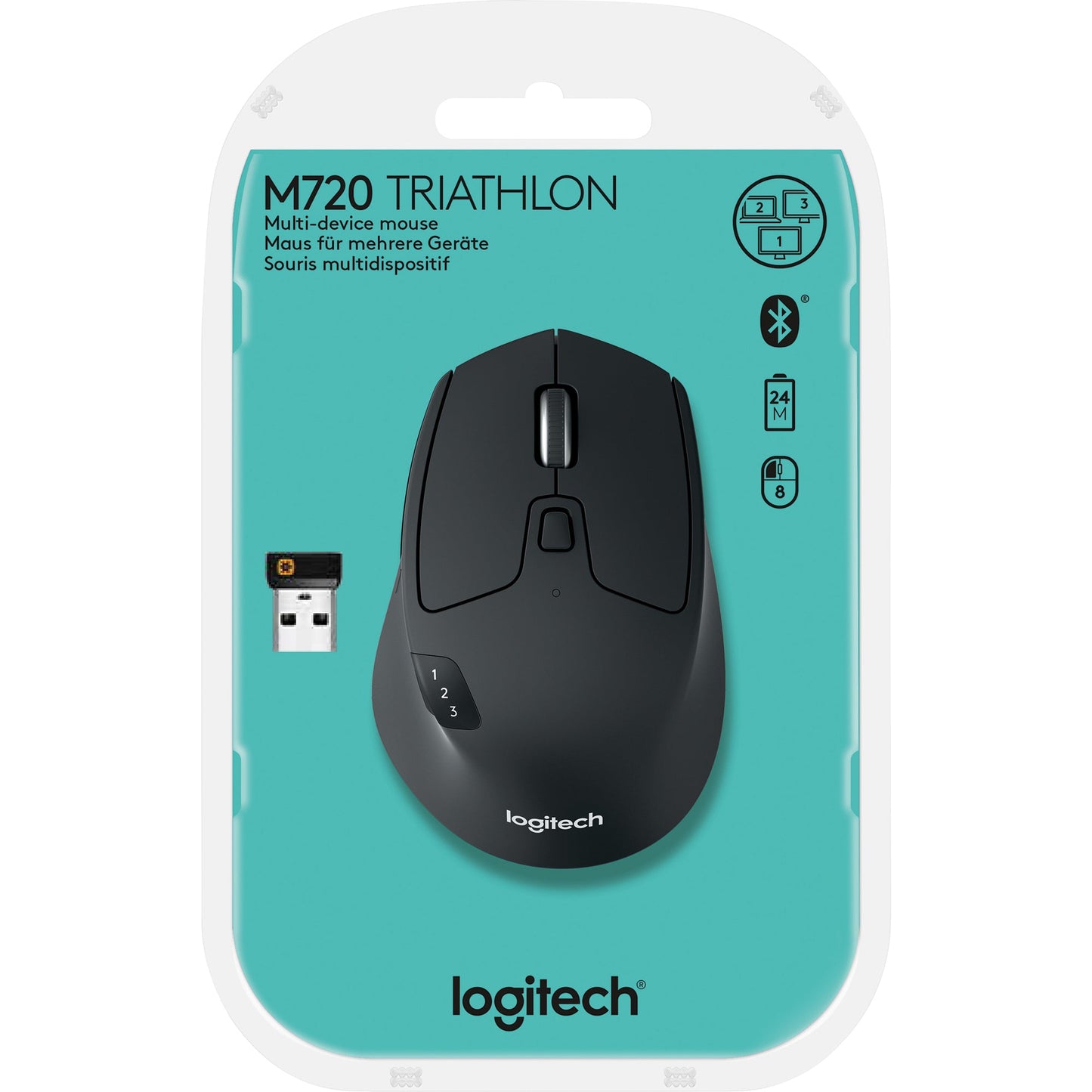 Logitech Optische PC Maus M720 TRIATHLON Rechtshänder nicht ergonomisch USB-A 10m Batterie inkl. Unifying-EmpfängerT schwarz