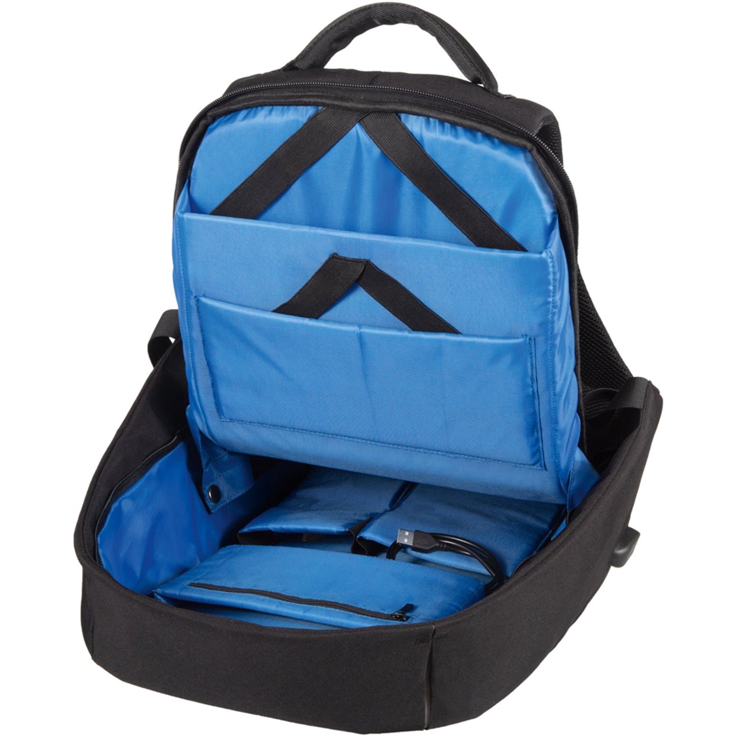 STOP® Notebookrucksack RPET Reißverschluss Safepack, USB Ladeport, Trolleyband, 2 Reißverschlussfächer, 3 Einsteckfächer, Notebookfach PET, recycelt schwarz