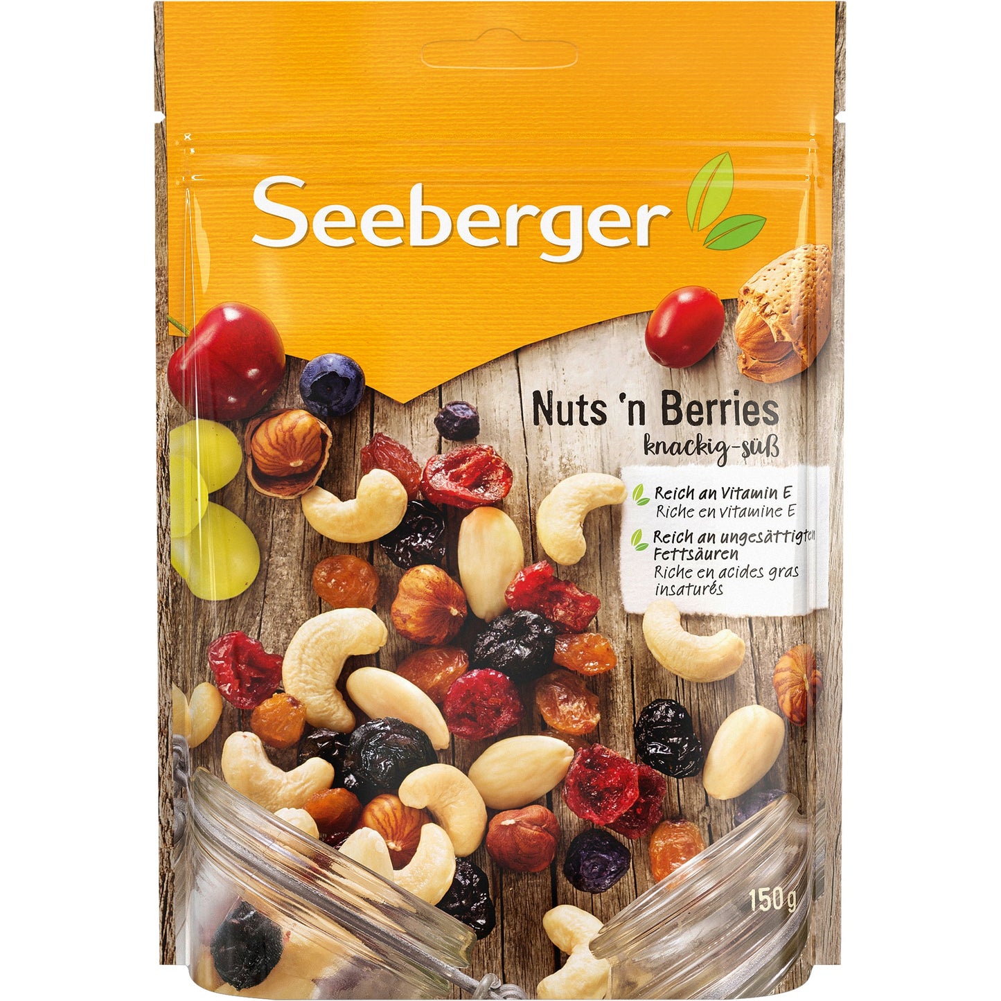 SEEBERGER Nussmischung Nuts'n Berries getrocknete Cranberries, Sultaninen, Kirschen, Blaubeeren, kernige Haselnüsse, Mandel- und Cashew-Kerne 150 g/Pack.