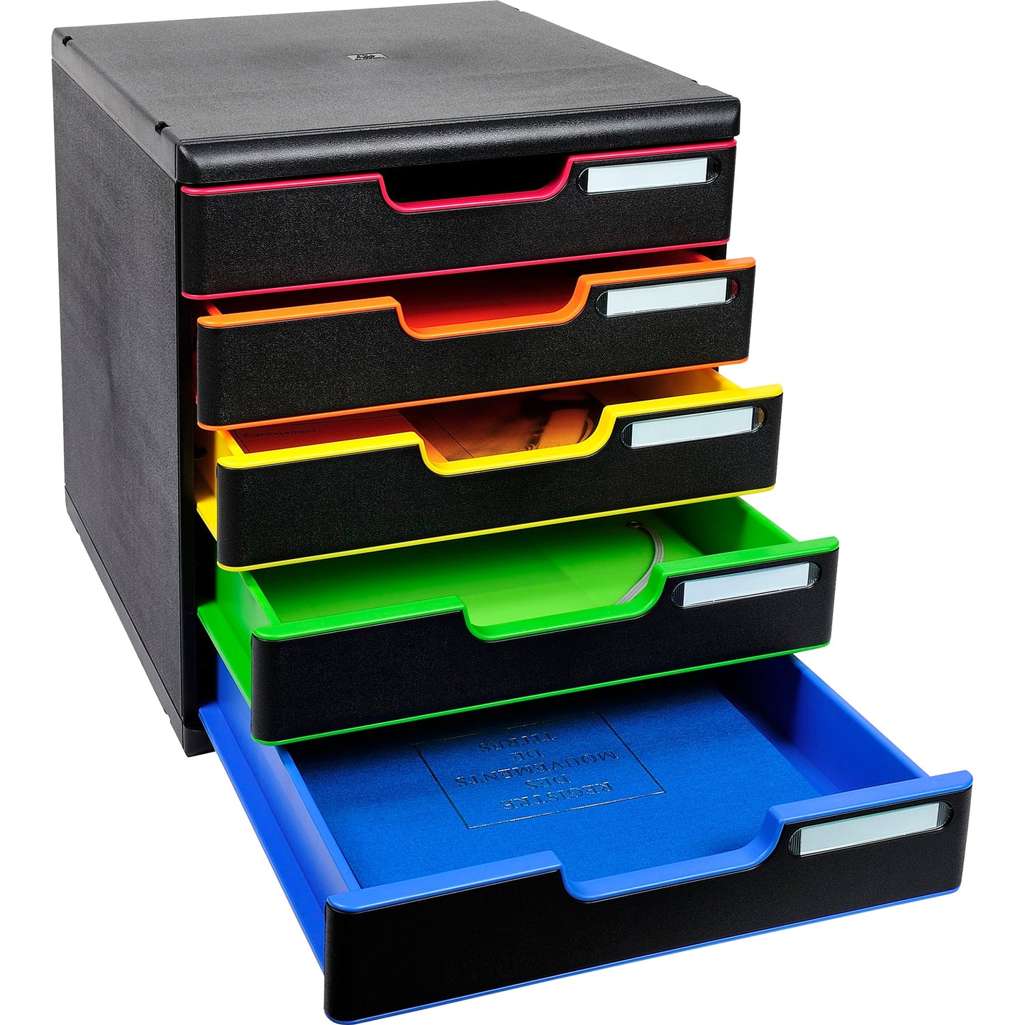 Exacompta Schubladenbox MODULO 5 Schubladen DIN A4+ Polystyrol Gehäusefarbe: schwarz Farbe der Schublade: schwarz/harlekin