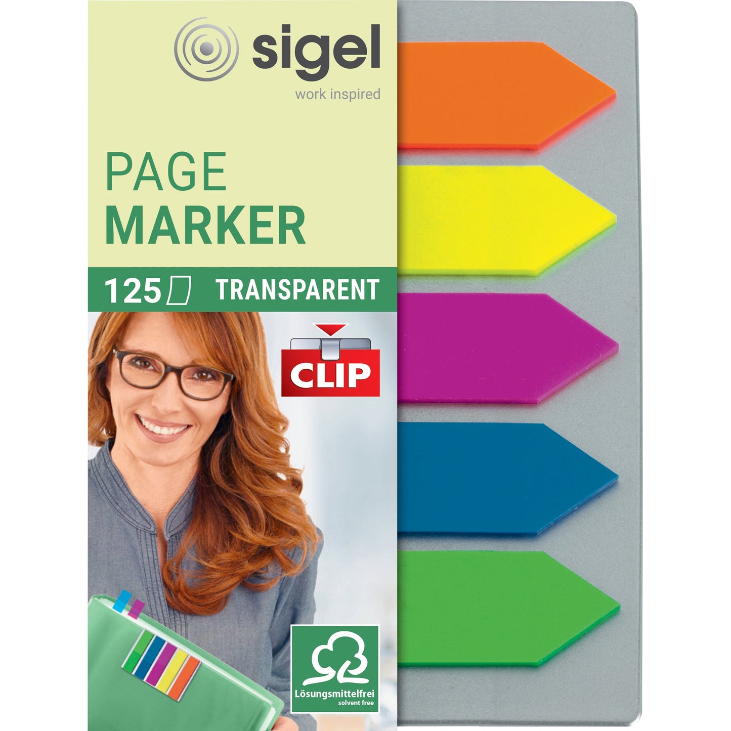 SIGEL Haftstreifen Pfeil 50 x 12 mm (B x H) inkl. Clip grün, blau, violett, gelb, orange 25 Bl./Block 5 Block/Pack.