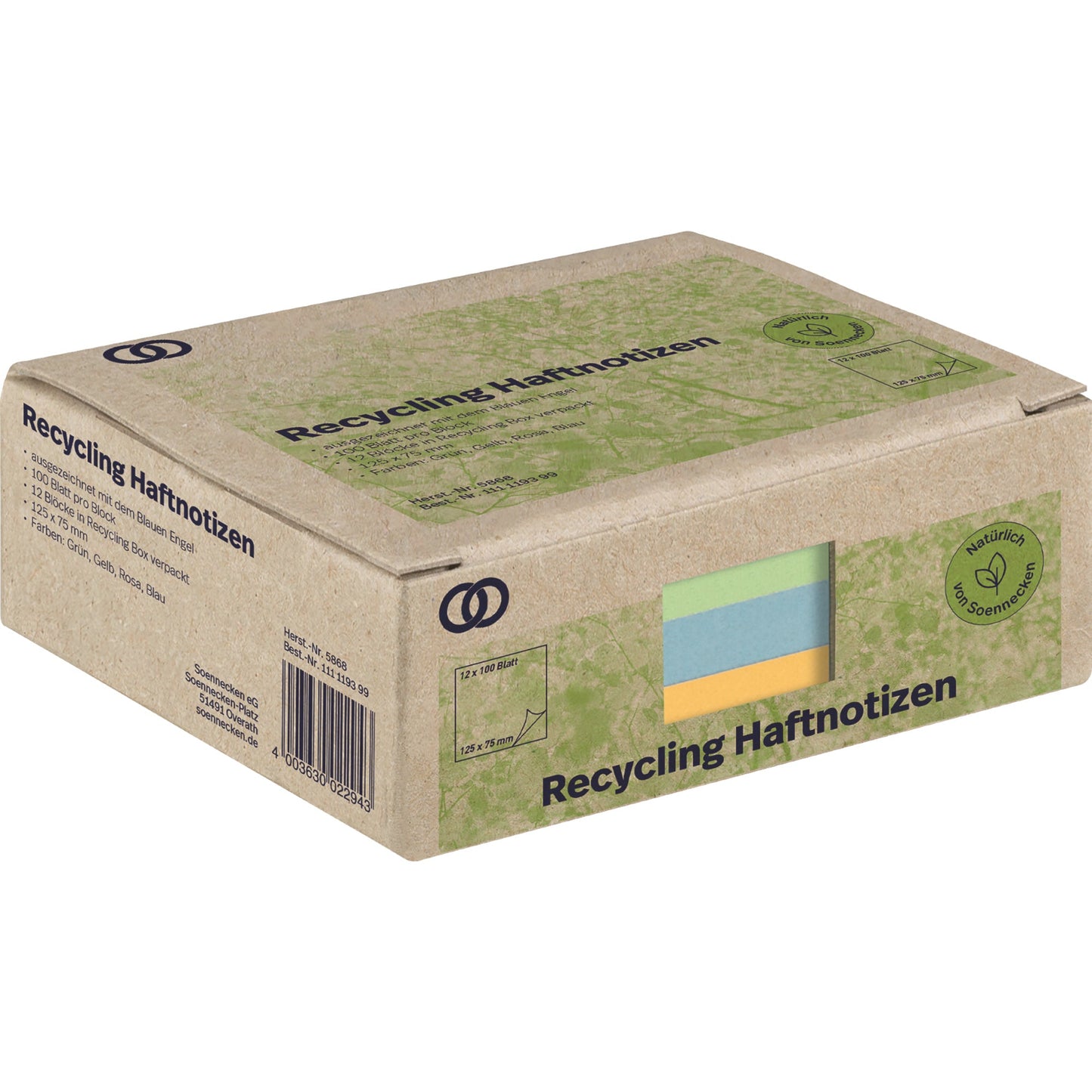 Soennecken Haftnotiz oeco Recycling 125 x 75 mm (B x H) grün, gelb, rosa, blau 100 Bl./Block 12 Block/Pack.