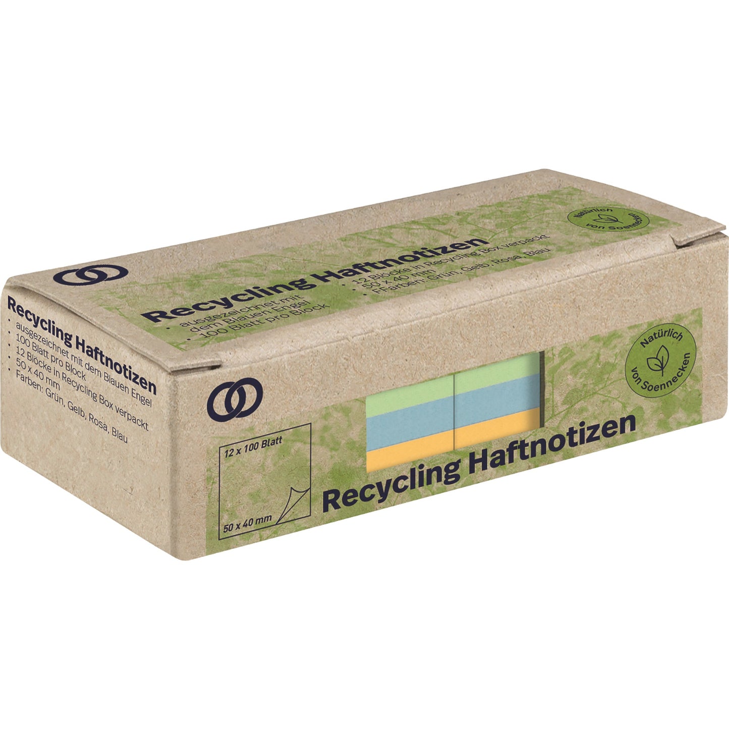 Soennecken Haftnotiz oeco Recycling 50 x 40 mm (B x H) grün, gelb, rosa, blau 100 Bl./Block 12 Block/Pack.