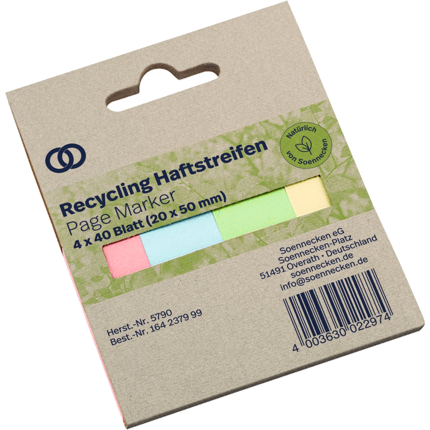 Soennecken Haftmarker oeco Recycling 50 x 20 mm (B x H) rosa, blau, grün, gelb 40 Bl./Block 4 Block/Pack.