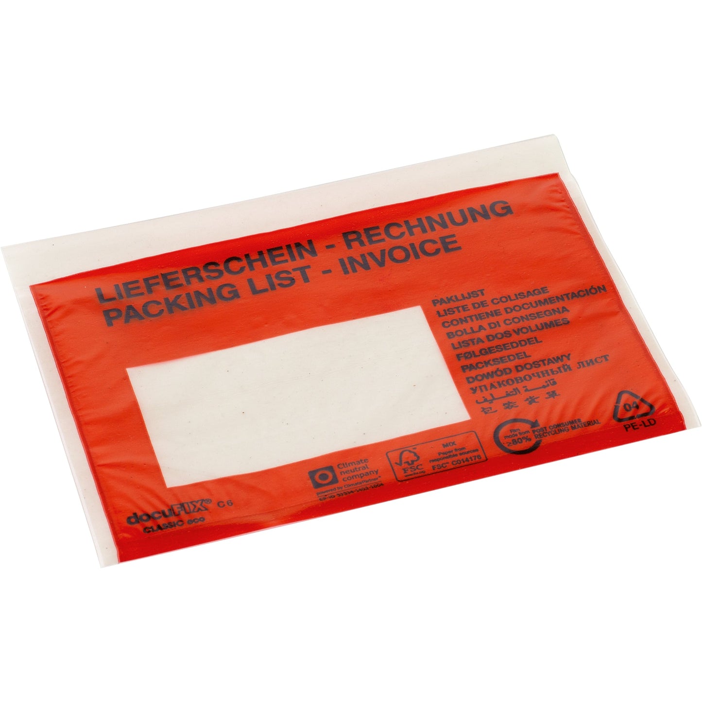 docuFIX® Dokumententasche classic eco Lieferschein/Rechnung DIN lang Folie, 80 % recycelt rot 1.000 St./Pack.