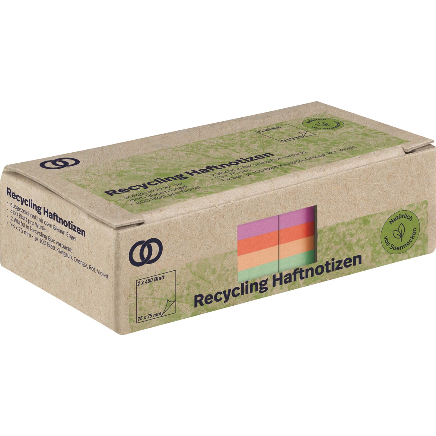 Soennecken Haftnotiz oeco Recycling 75 x 75 mm (B x H) kiwigrün, orange, rot, violett 400 Bl./Block 2 Block/Pack.