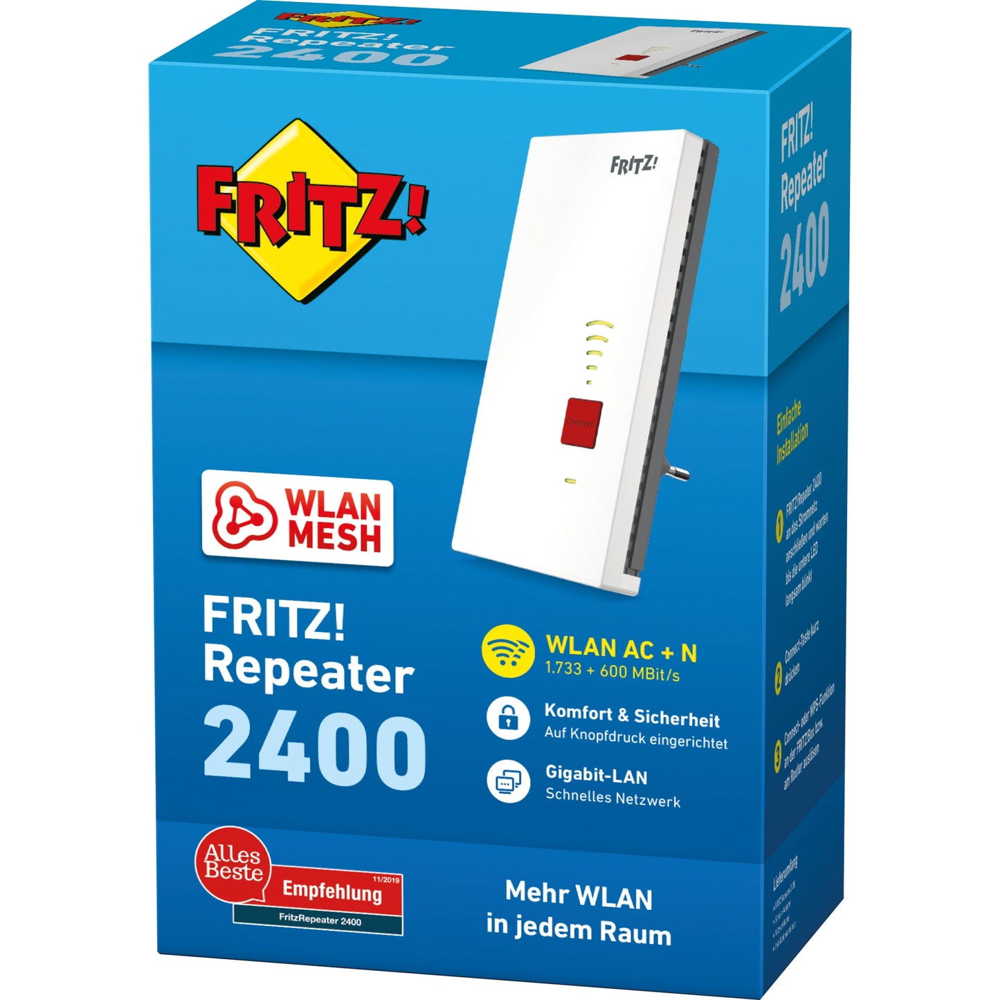 FRITZ! WLAN-Repeater FRITZ!2400 7,65 x 15,5 x 6,26 cm (B x H x T) WLAN AC+N, LAN 2.333 Mbit/s inkl. Schuko-Adapter, Netzwerkkabel, Installationsanleitung
