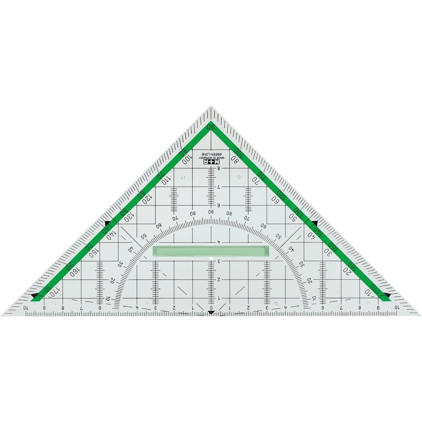 M+R Geometriedreieck GreenLine 23cm mit farbig hinterlegten Winkelgraden mit Griff Biokunststoff glasklar/grün