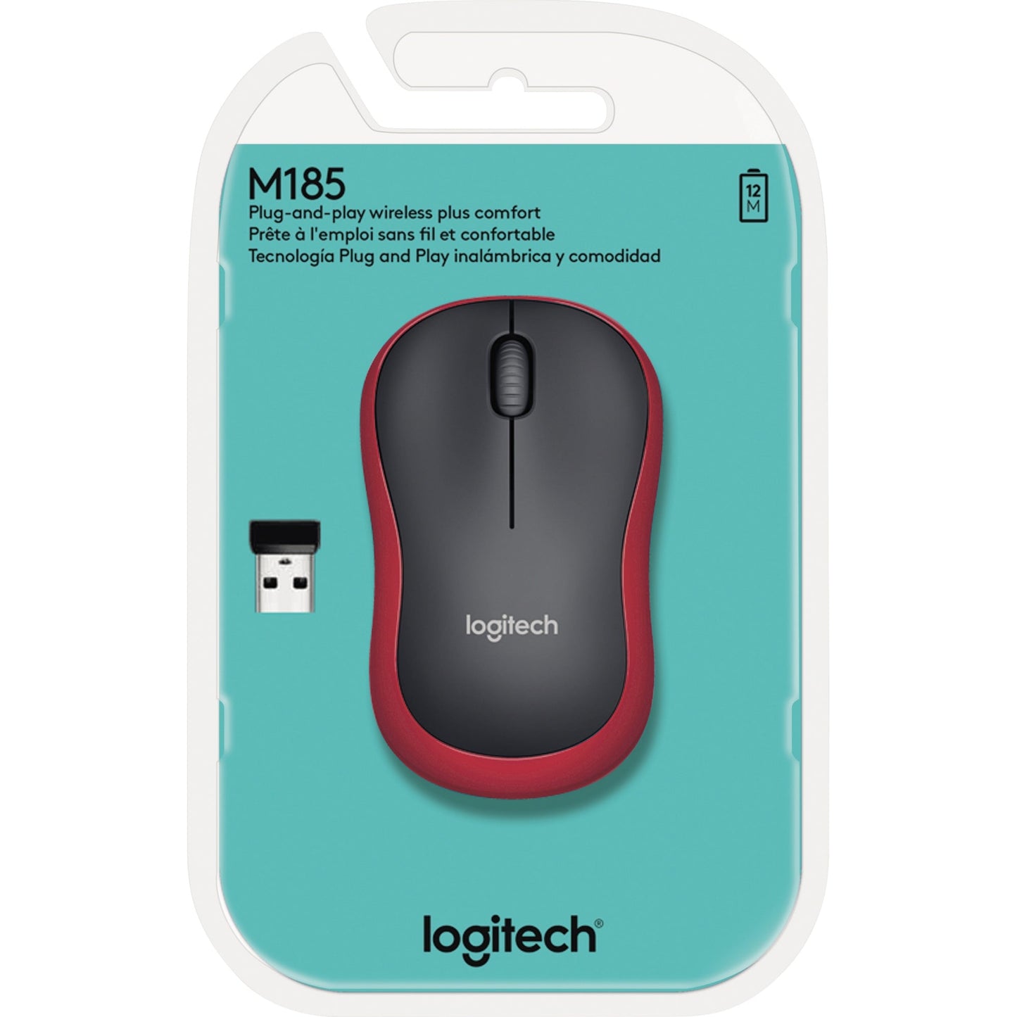 Logitech Optische PC Maus M185 Links- und Rechtshänder nicht ergonomisch USB-A bis 10m Batterie inkl. Nano-USB-Empfänger schwarz/rot