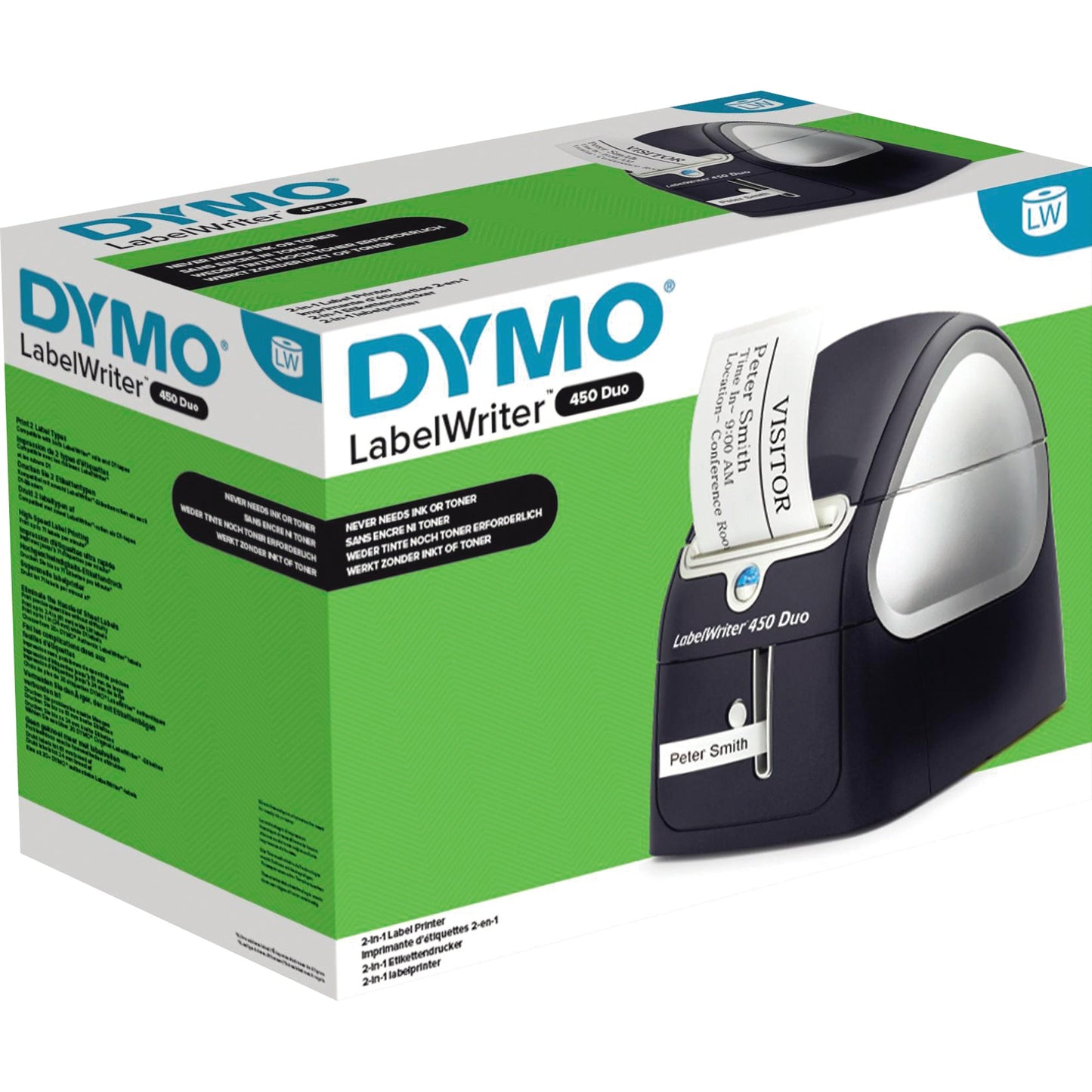 DYMO® Etikettendrucker LabelWriterT 450 Duo 71 Etik./Min. USB 2.0 inkl. 20 Starter Etiketten (89 x 36 mm), D1-Schriftband (24 mm x 3 m, schwarz auf weiß), Adapter, Netzkabel, USB-Kabel, Kurzanleitung