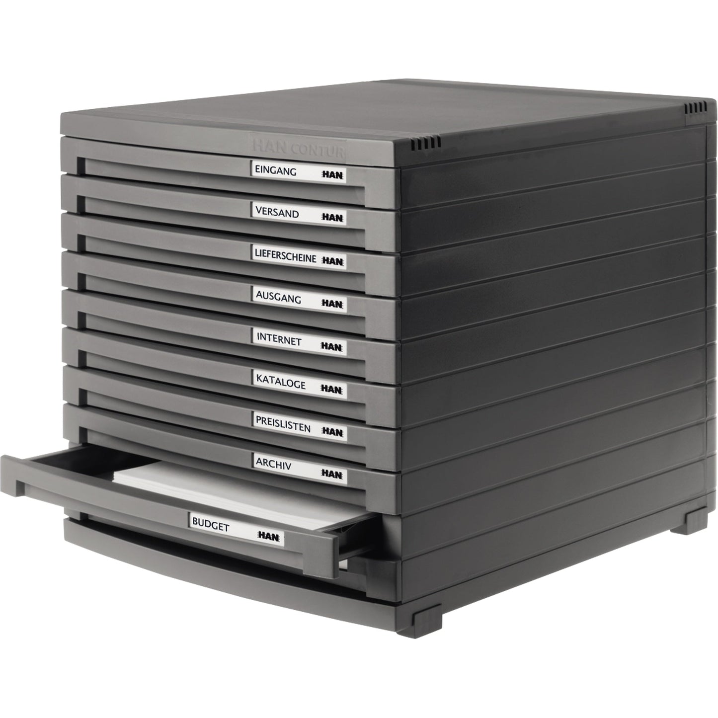 HAN Schubladenbox CONTUR 10 Schubladen DIN A4, DIN B4, DIN C4 Polystyrol Gehäusefarbe: dunkelgrau Farbe der Schublade: dunkelgrau