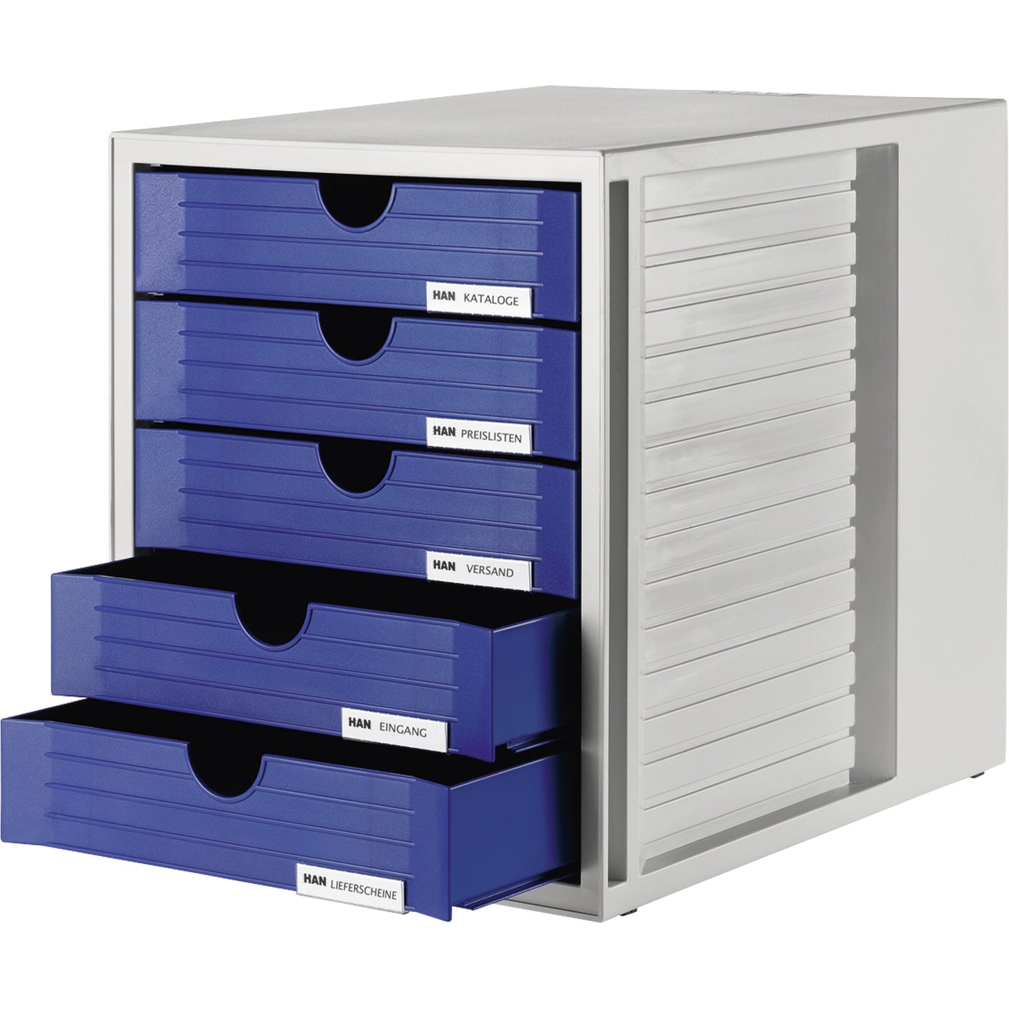 HAN Schubladenbox SYSTEMBOX 5 Schubladen DIN C4 Polystyrol Gehäusefarbe: lichtgrau Farbe der Schublade: blau