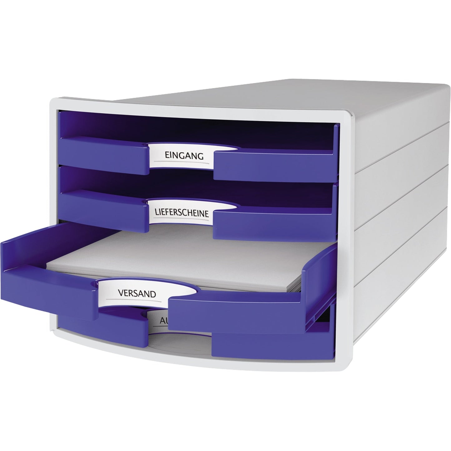 HAN Schubladenbox IMPULS 4 Schubladen DIN A4, DIN C4 Polystyrol Gehäusefarbe: lichtgrau Farbe der Schublade: blau