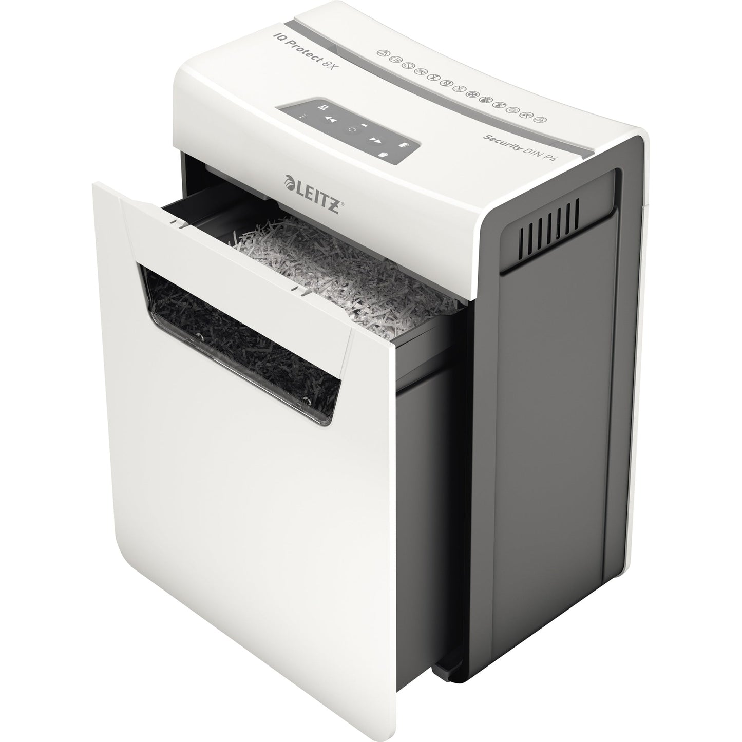 Leitz Aktenvernichter IQ 8X Protect Premium P-4 Papier, Heftklammern, Büroklammern Partikelschnitt weiß