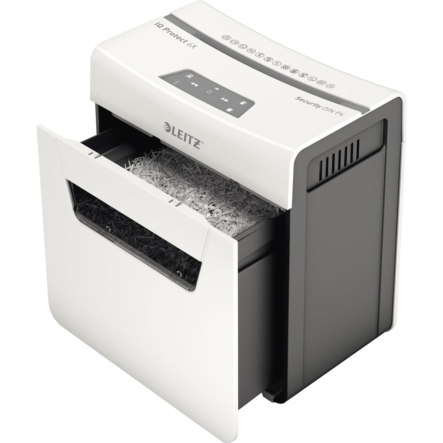 Leitz Aktenvernichter IQ 6X Protect Premium P-4 Papier, Heftklammern, Büroklammern Partikelschnitt weiß