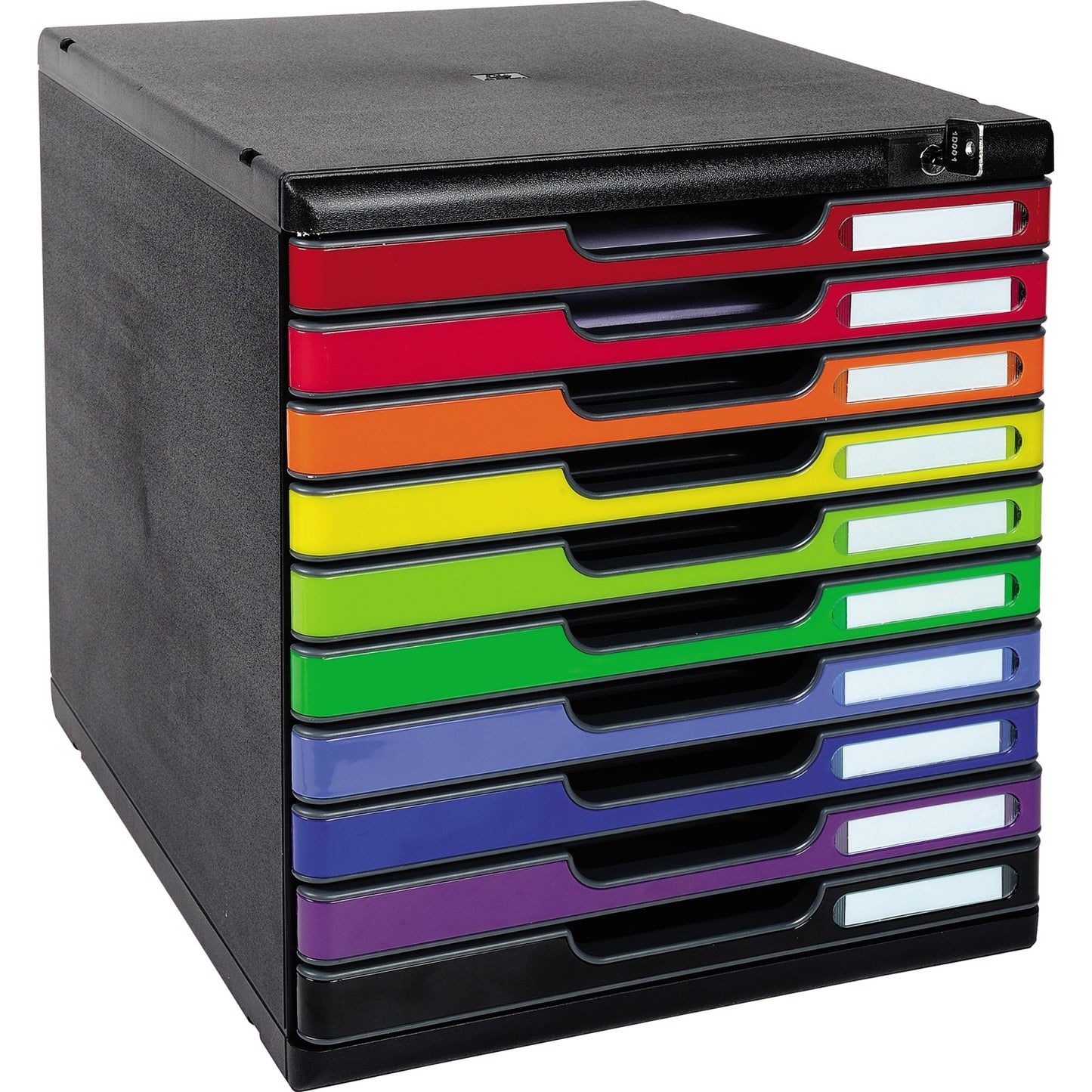 Exacompta Schubladenbox MODULO 10 Schubladen DIN A4+ Polystyrol Gehäusefarbe: schwarz Farbe der Schublade: harlekin glossy