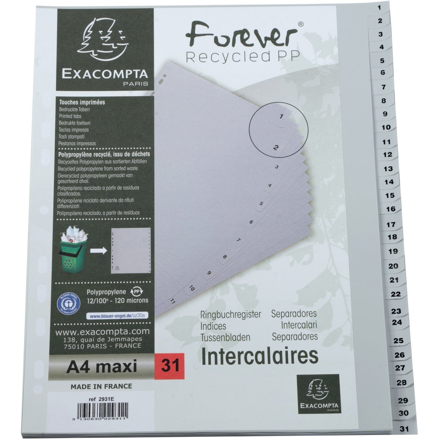 Exacompta Zahlenregister Forever® DIN A4, Überbreite 1-31 Polypropylen grau