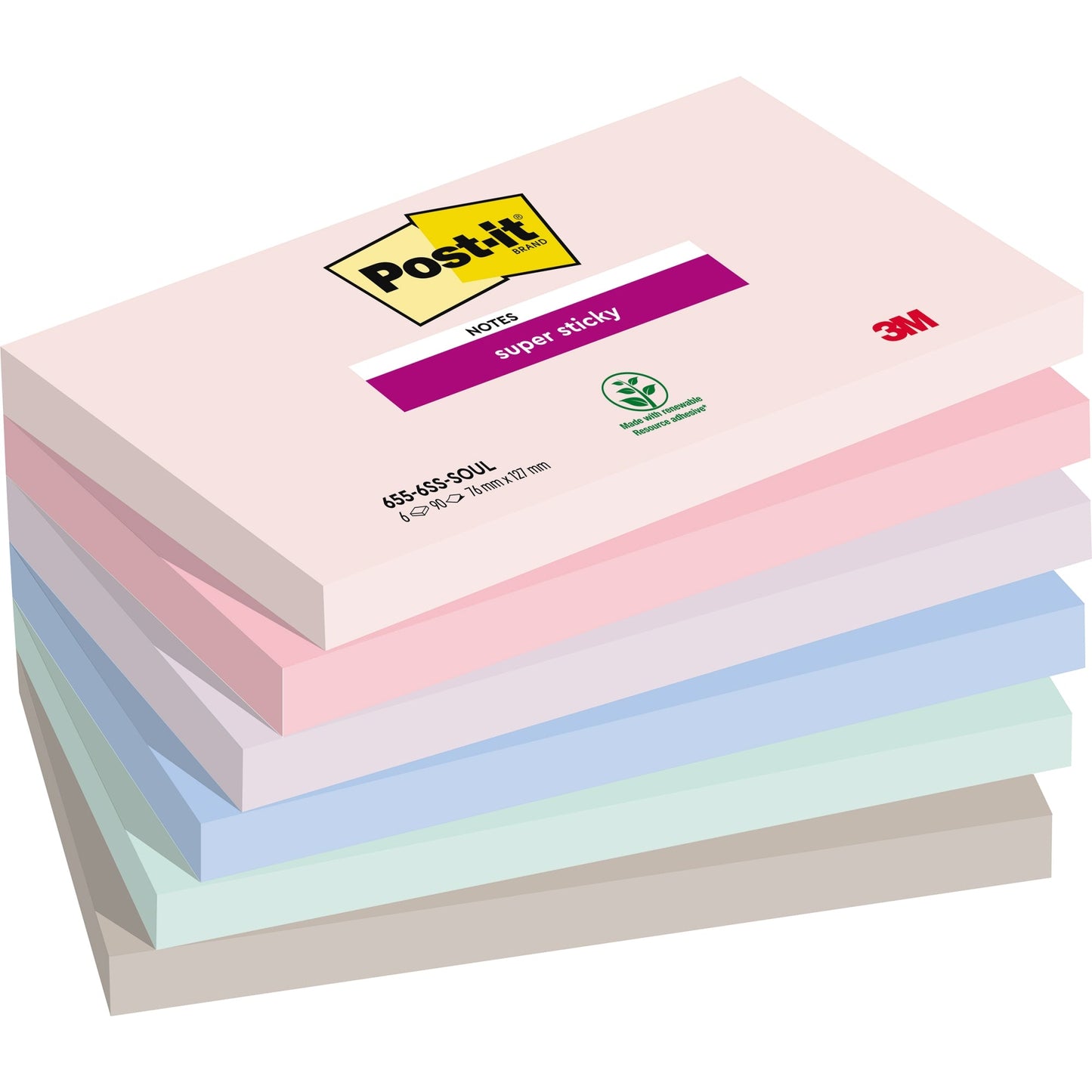 Post-it® Haftnotiz Super Sticky Notes Soulful Collection 127 x 76 mm (B x H) rosa, flamingopink, flieder, denimblau, mint, grau 90 Bl./Block 6 Block/Pack.