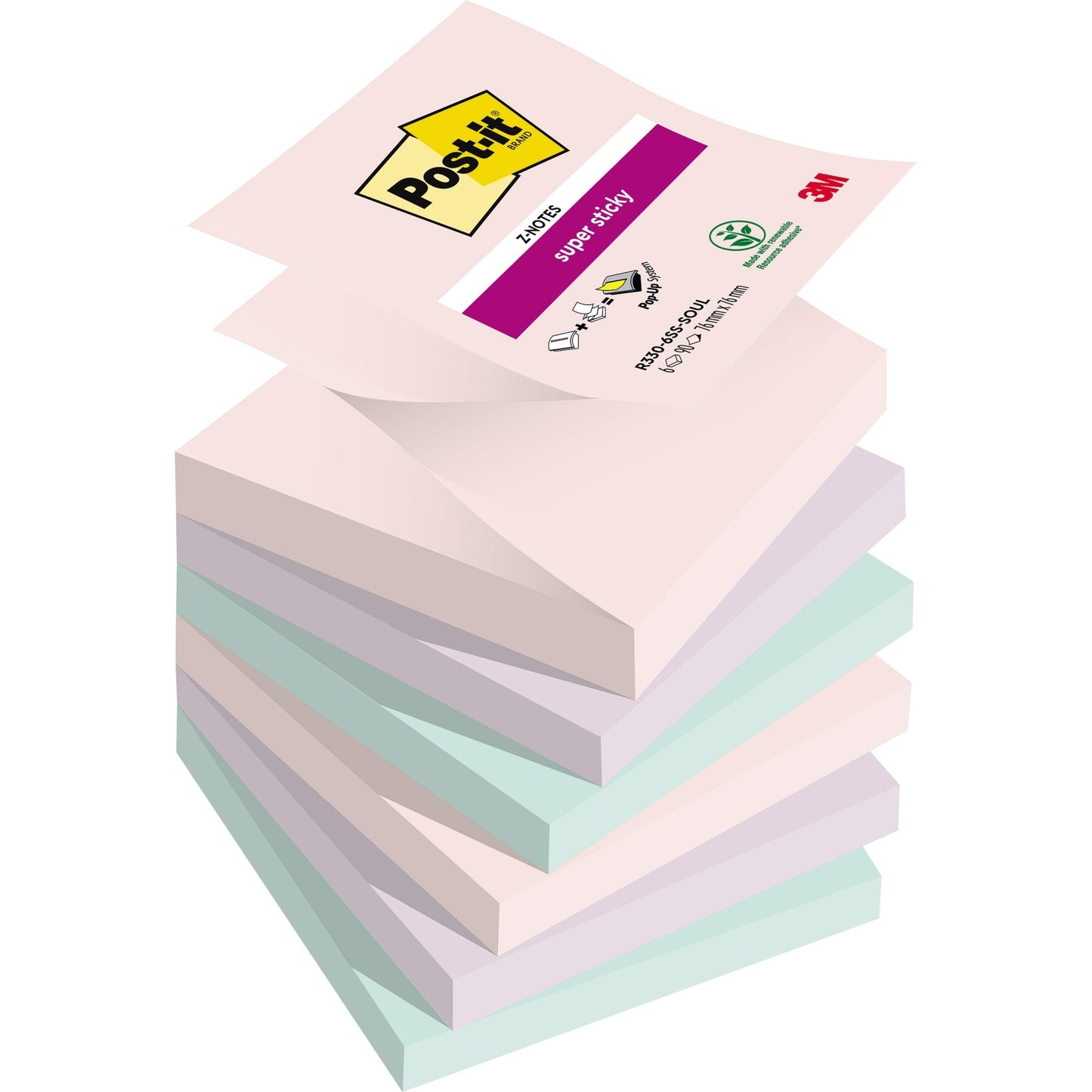 Post-it® Haftnotiz Super Sticky Z-Notes Soulful Collection 76 x 76 mm (B x H) je 2 x rosa, flieder, mint 90 Bl./Block 6 Block/Pack.