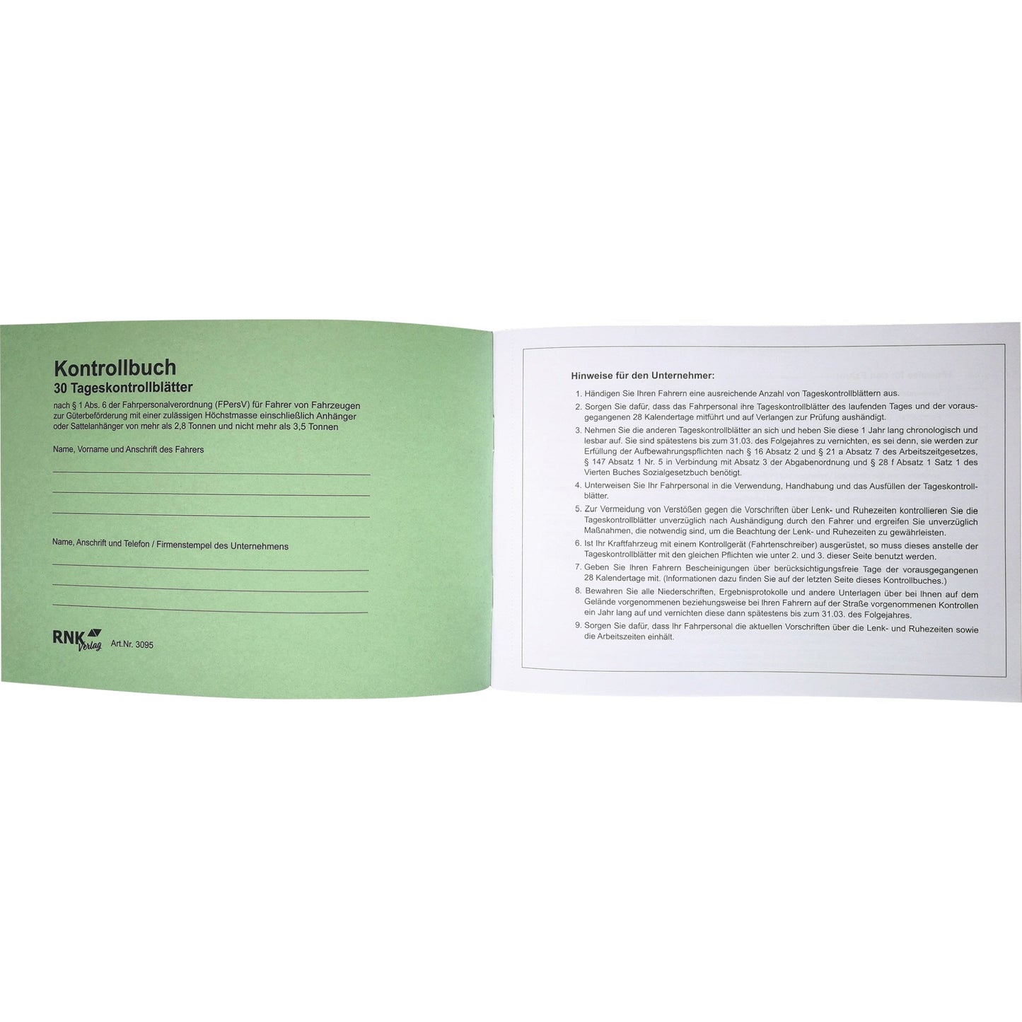 RNK Verlag Fahrtenbuch DIN A5 quer grün 32 Bl.