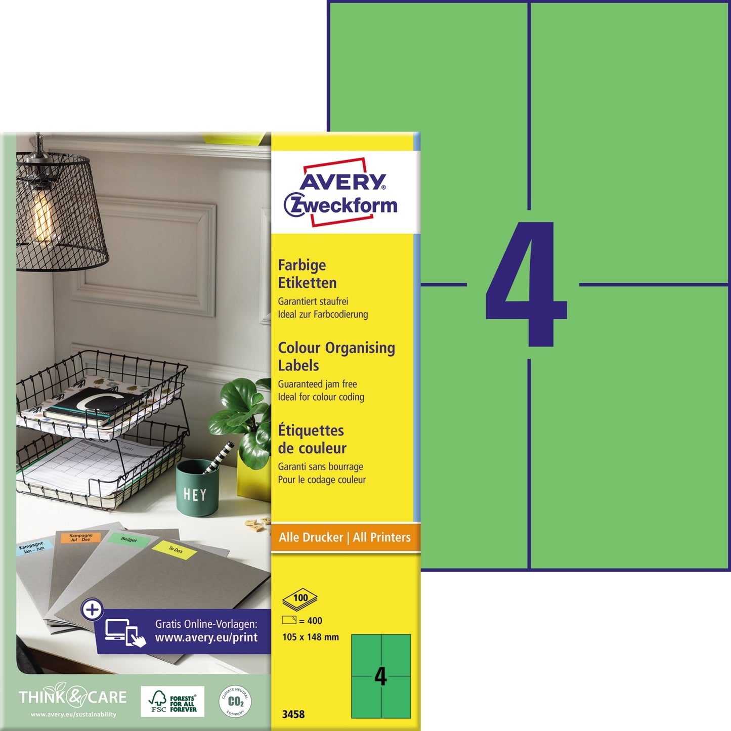Avery Zweckform Universaletikett 105 x 148 mm (B x H) nicht wieder ablösbar Papier grün 400 Etik./Pack.