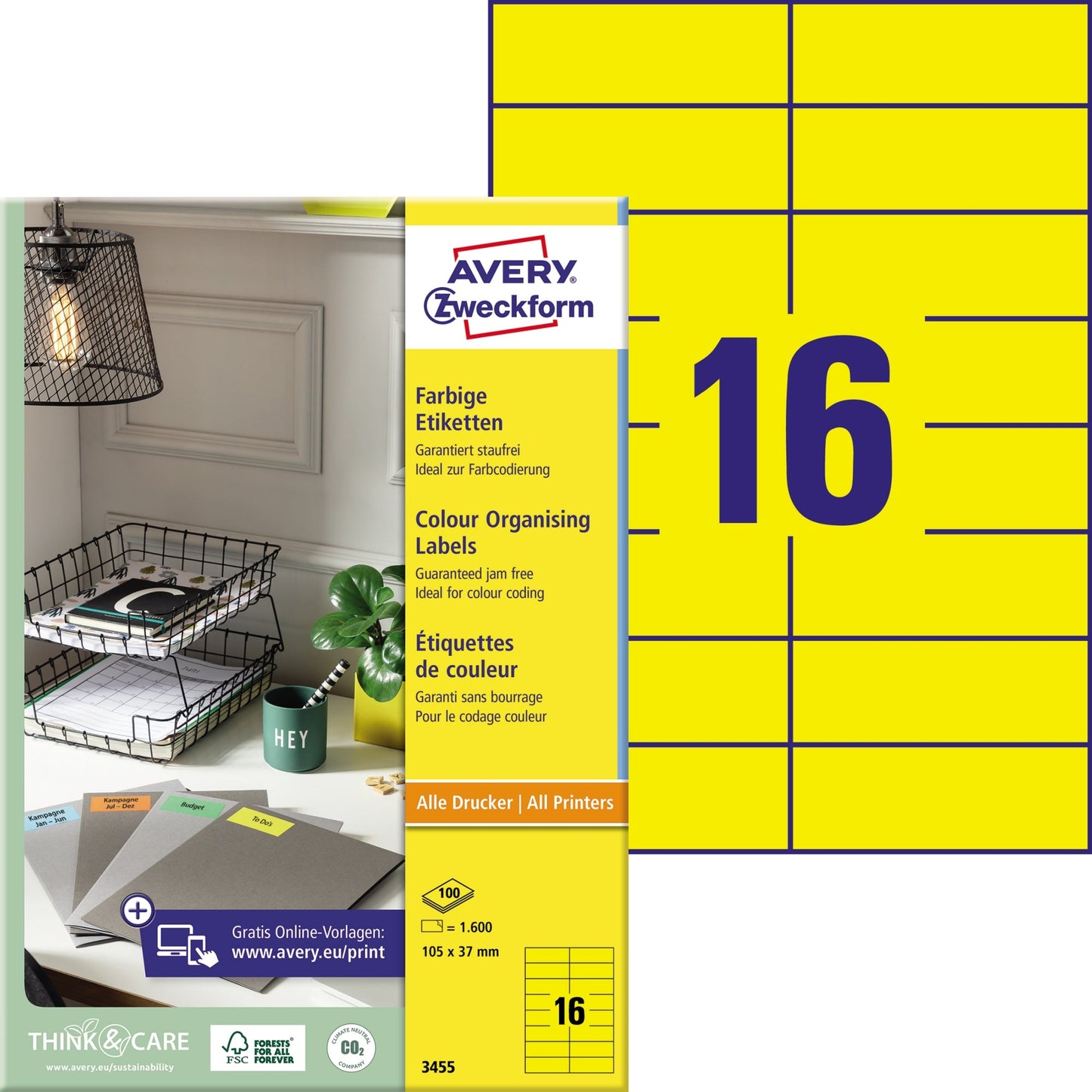 Avery Zweckform Universaletikett 105 x 37 mm (B x H) nicht wieder ablösbar Papier gelb 1.600 Etik./Pack.