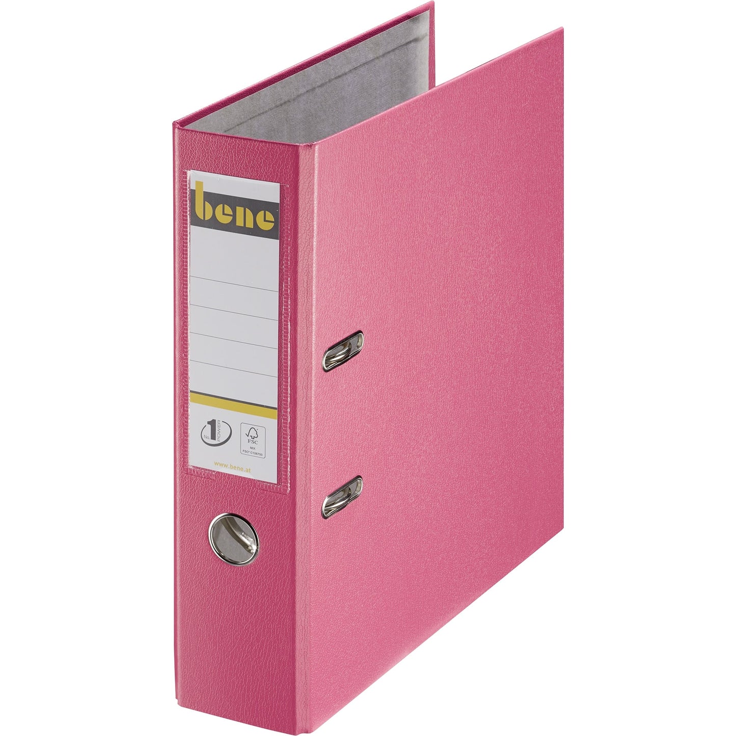 Bene Ordner 80mm DIN A4 Rückenschild: einsteckbar mit Schlitzen Werkstoff: Graupappe, recycelt Material außen: Polypropylen Material innen: Papier, recycelt rosa