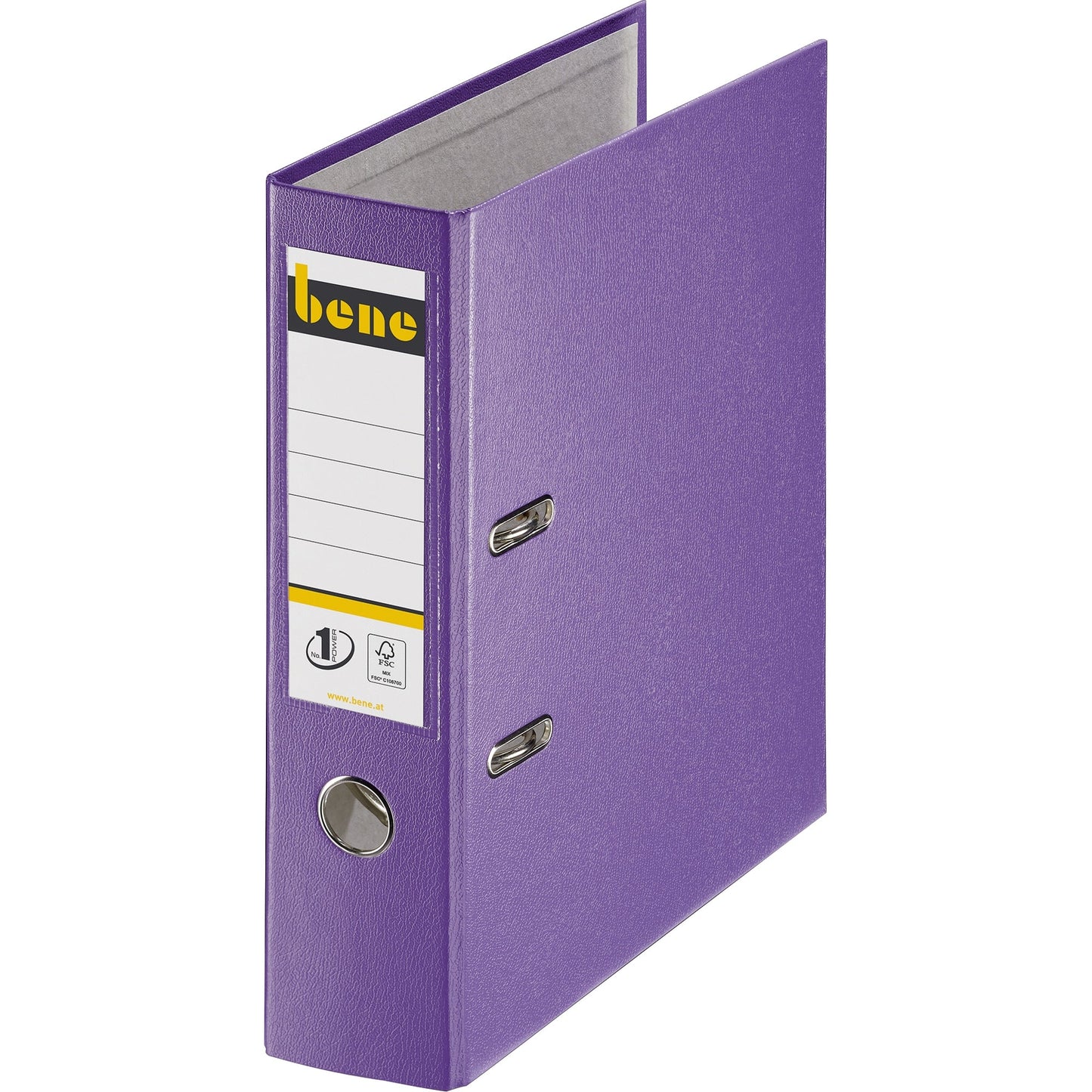 Bene Ordner 80mm DIN A4 Rückenschild: einsteckbar mit Schlitzen Werkstoff: Graupappe, recycelt Material außen: Polypropylen Material innen: Papier, recycelt violett