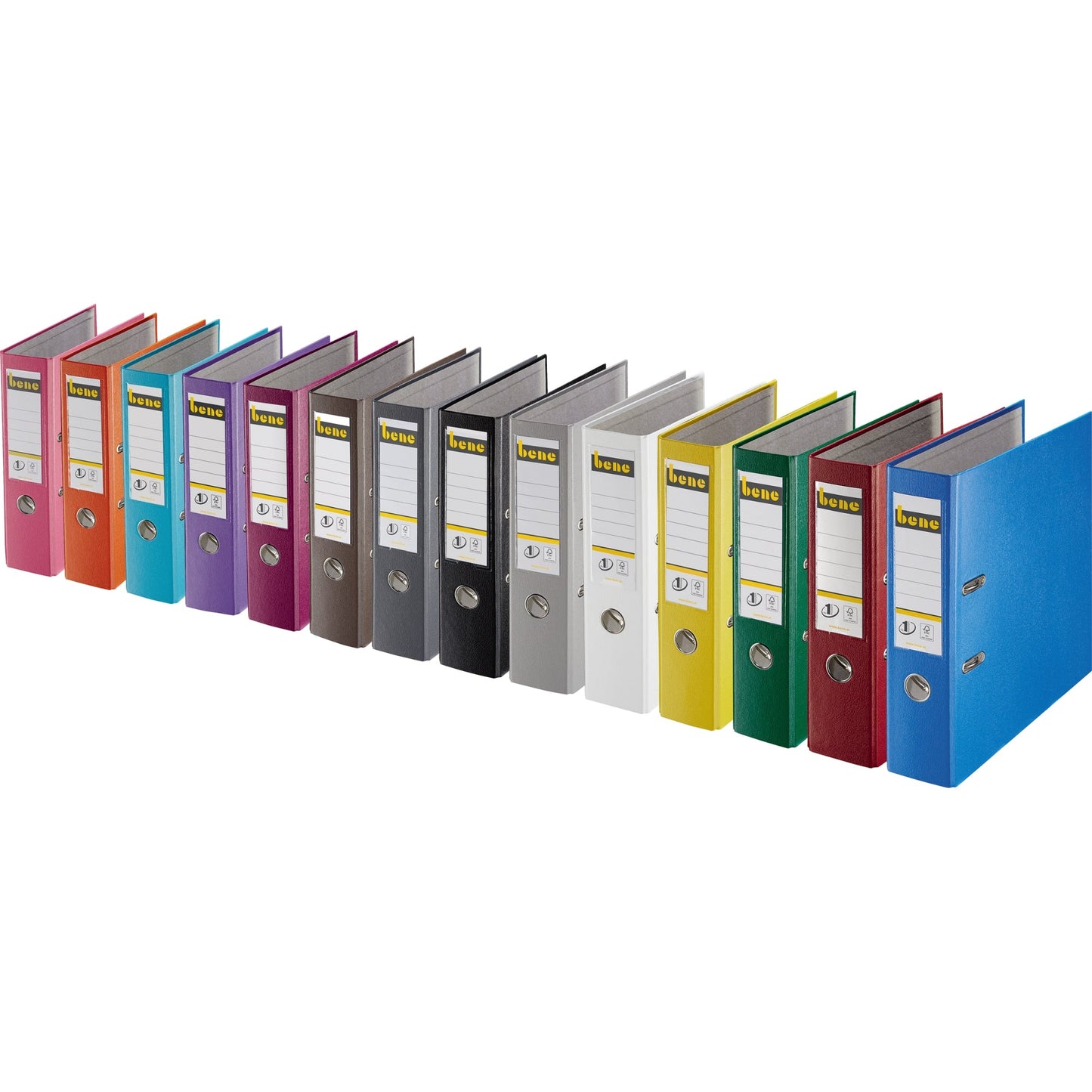 Bene Ordner 80mm DIN A4 Rückenschild: einsteckbar mit Schlitzen Werkstoff: Graupappe, recycelt Material außen: Polypropylen Material innen: Papier, recycelt brombeer