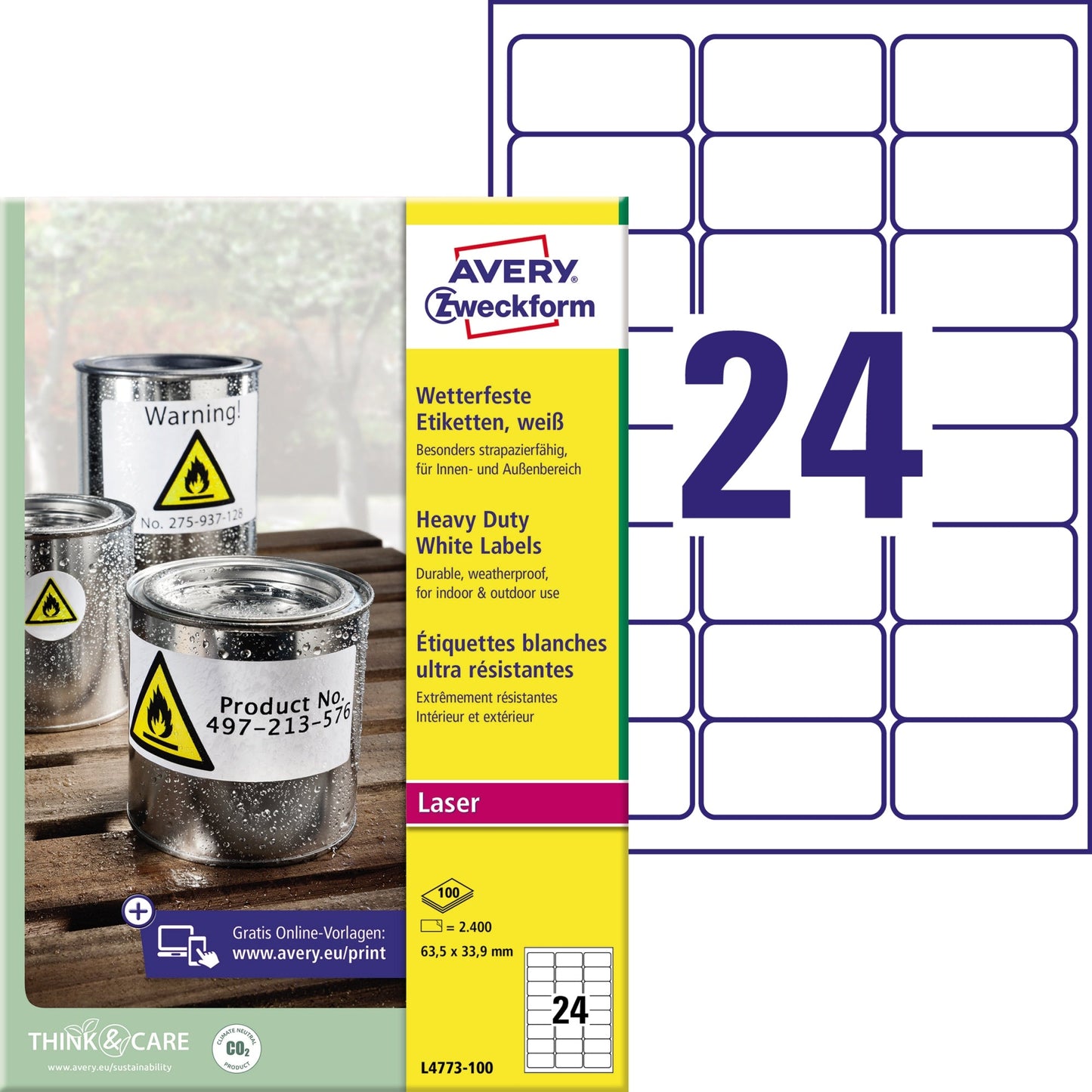 Avery Zweckform Folienetikett 63,5 x 33,9 mm (B x H) weiß 2.400 Etik./Pack.