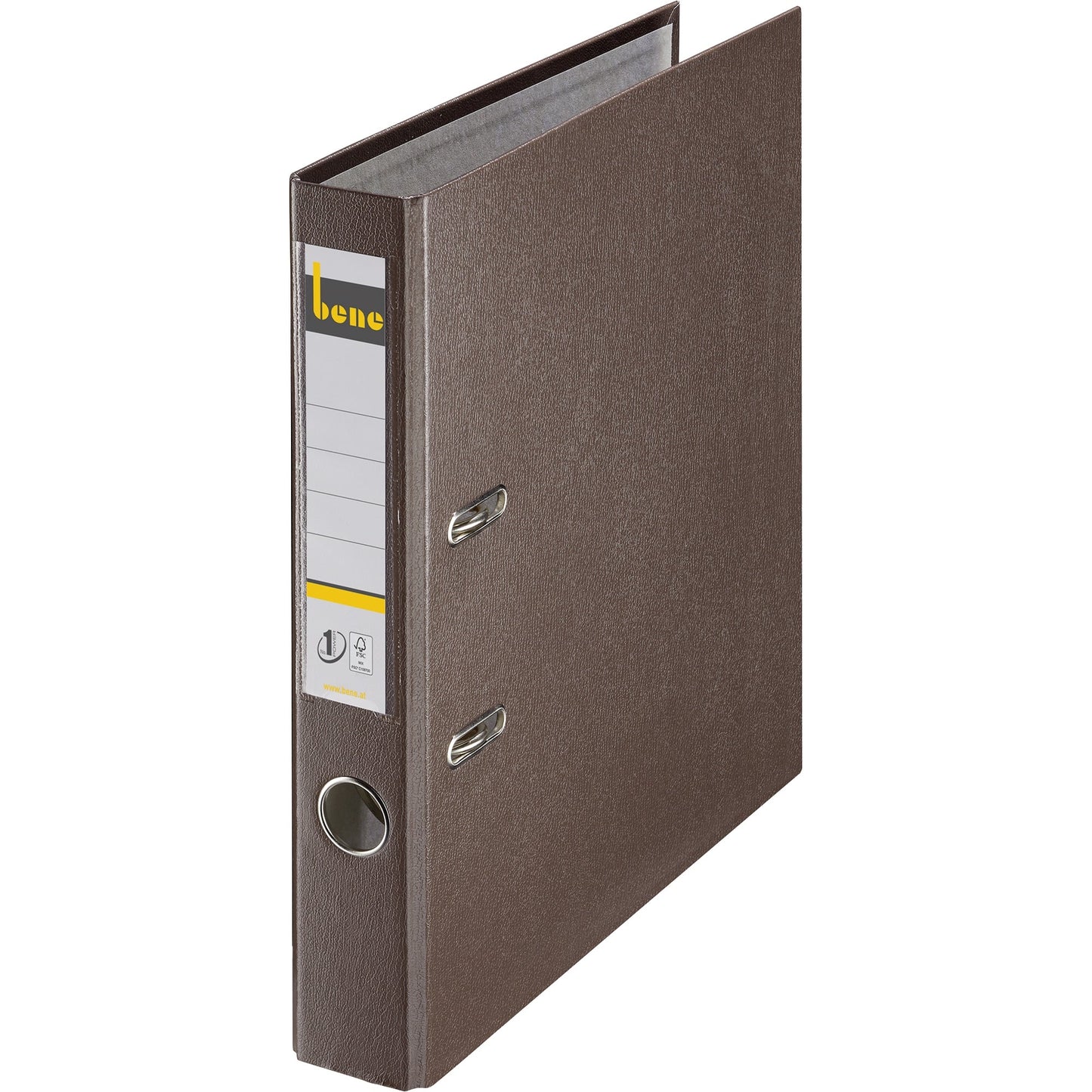 Bene Ordner 52mm DIN A4 Rückenschild: einsteckbar mit Schlitzen Werkstoff: Graupappe, recycelt Material außen: Polypropylen Material innen: Papier, recycelt braun