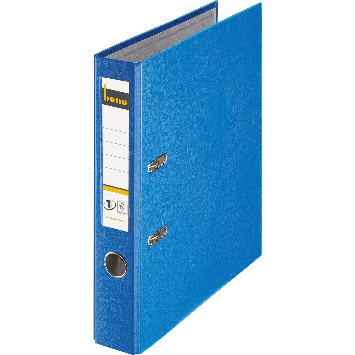 Bene Ordner 52mm DIN A4 Rückenschild: einsteckbar mit Schlitzen Werkstoff: Graupappe, recycelt Material außen: Polypropylen Material innen: Papier, recycelt blau