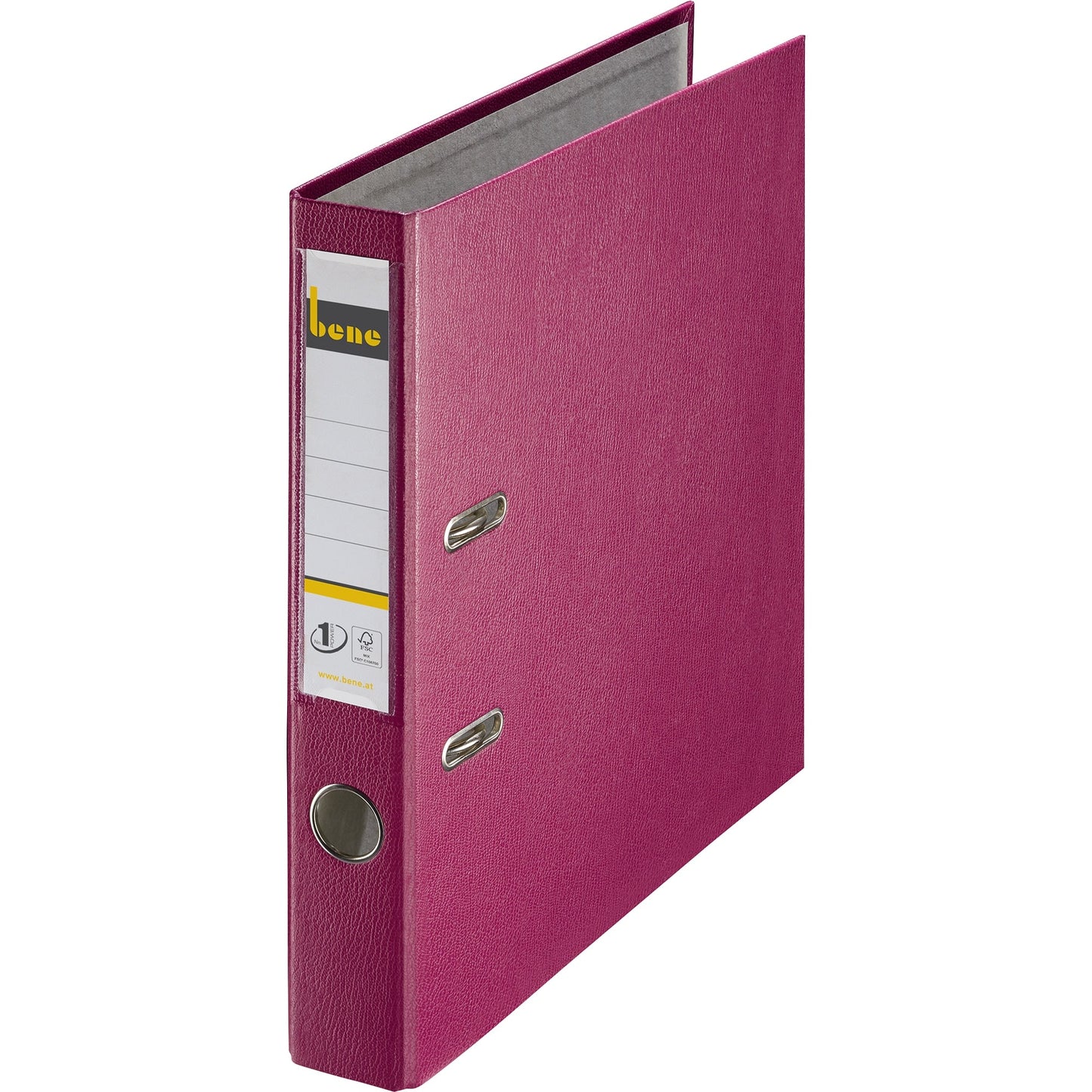 Bene Ordner 52mm DIN A4 Rückenschild: einsteckbar mit Schlitzen Werkstoff: Graupappe, recycelt Material außen: Polypropylen Material innen: Papier, recycelt brombeer