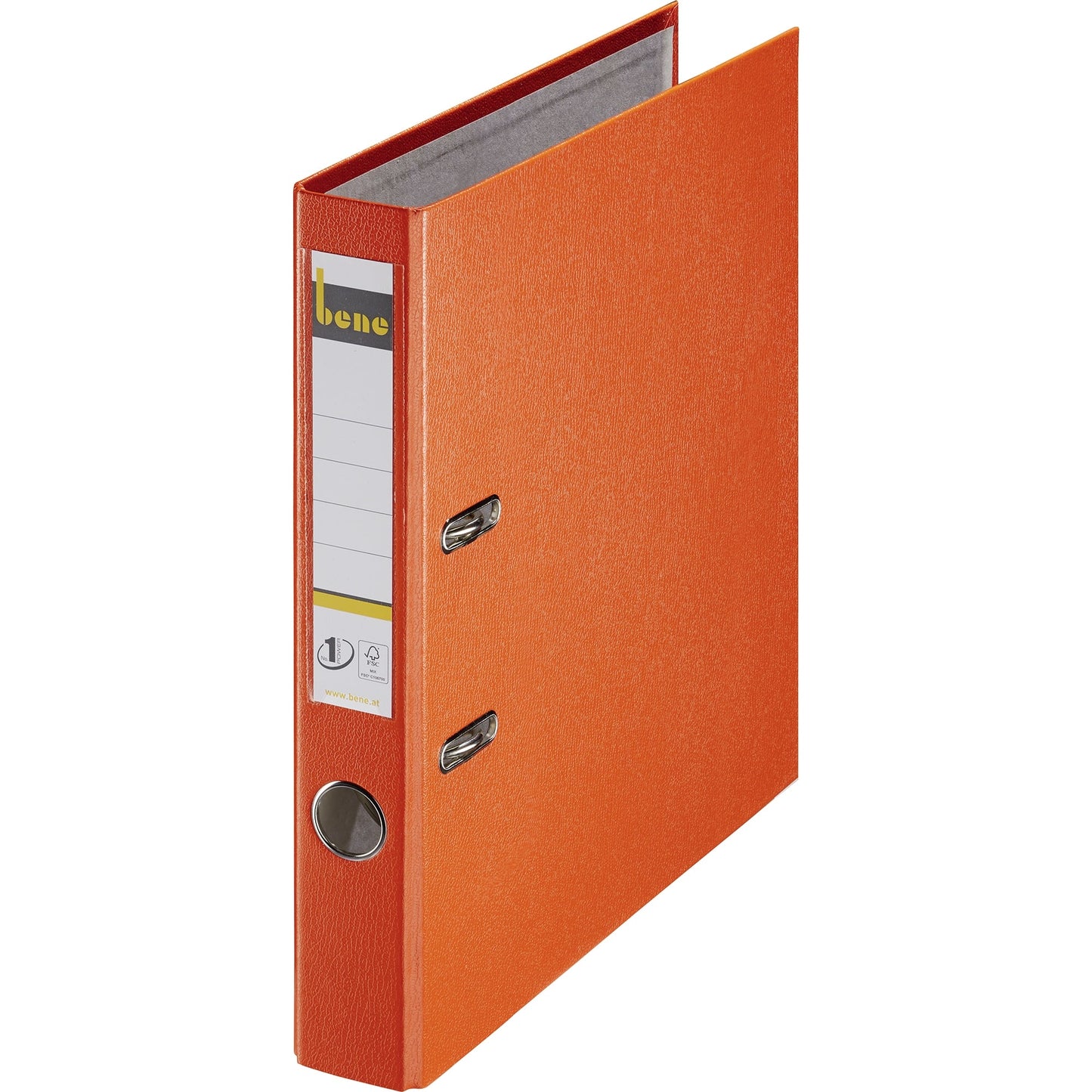 Bene Ordner 52mm DIN A4 Rückenschild: einsteckbar mit Schlitzen Werkstoff: Graupappe, recycelt Material außen: Polypropylen Material innen: Papier, recycelt orange