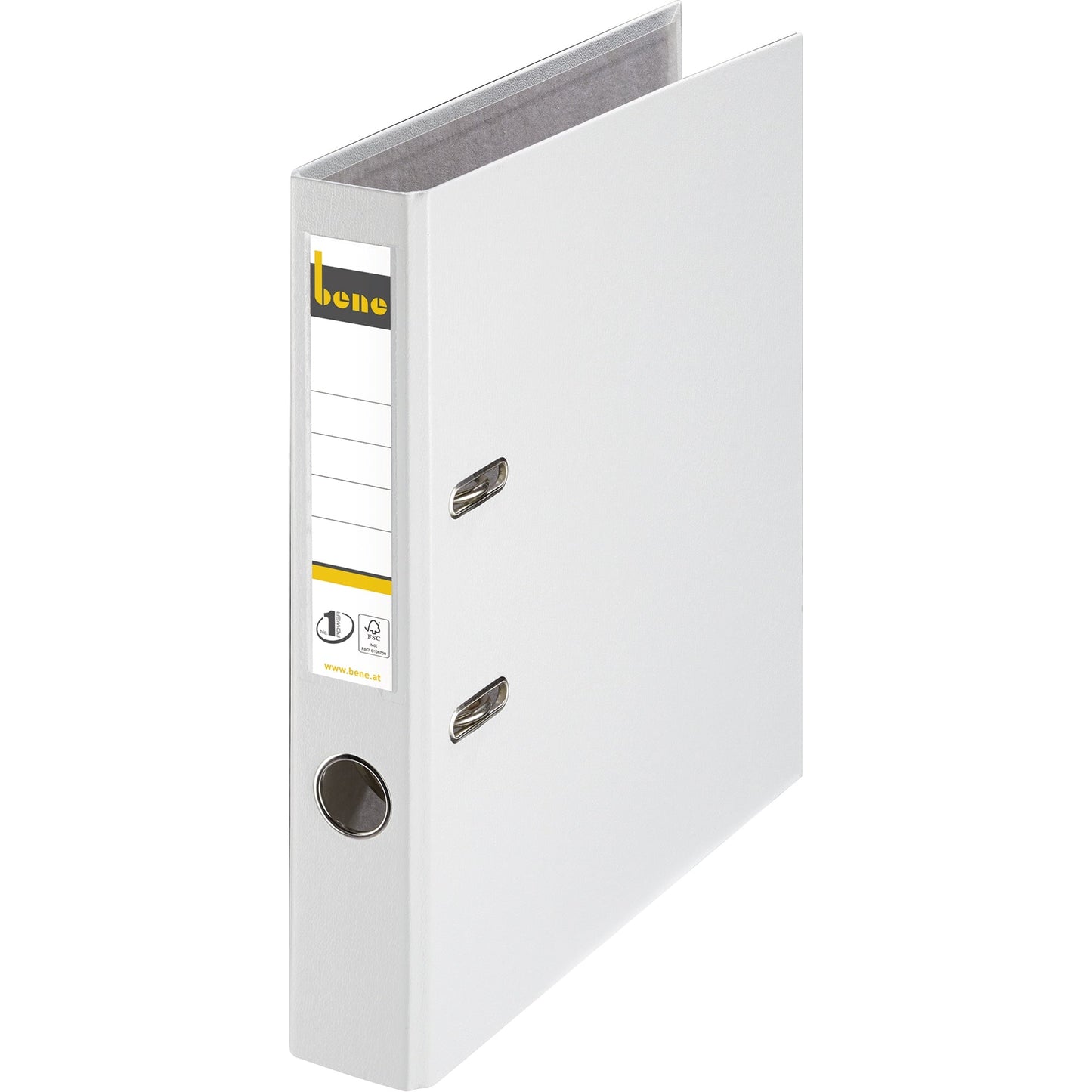 Bene Ordner 52mm DIN A4 Rückenschild: einsteckbar mit Schlitzen Werkstoff: Graupappe, recycelt Material außen: Polypropylen Material innen: Papier, recycelt weiß